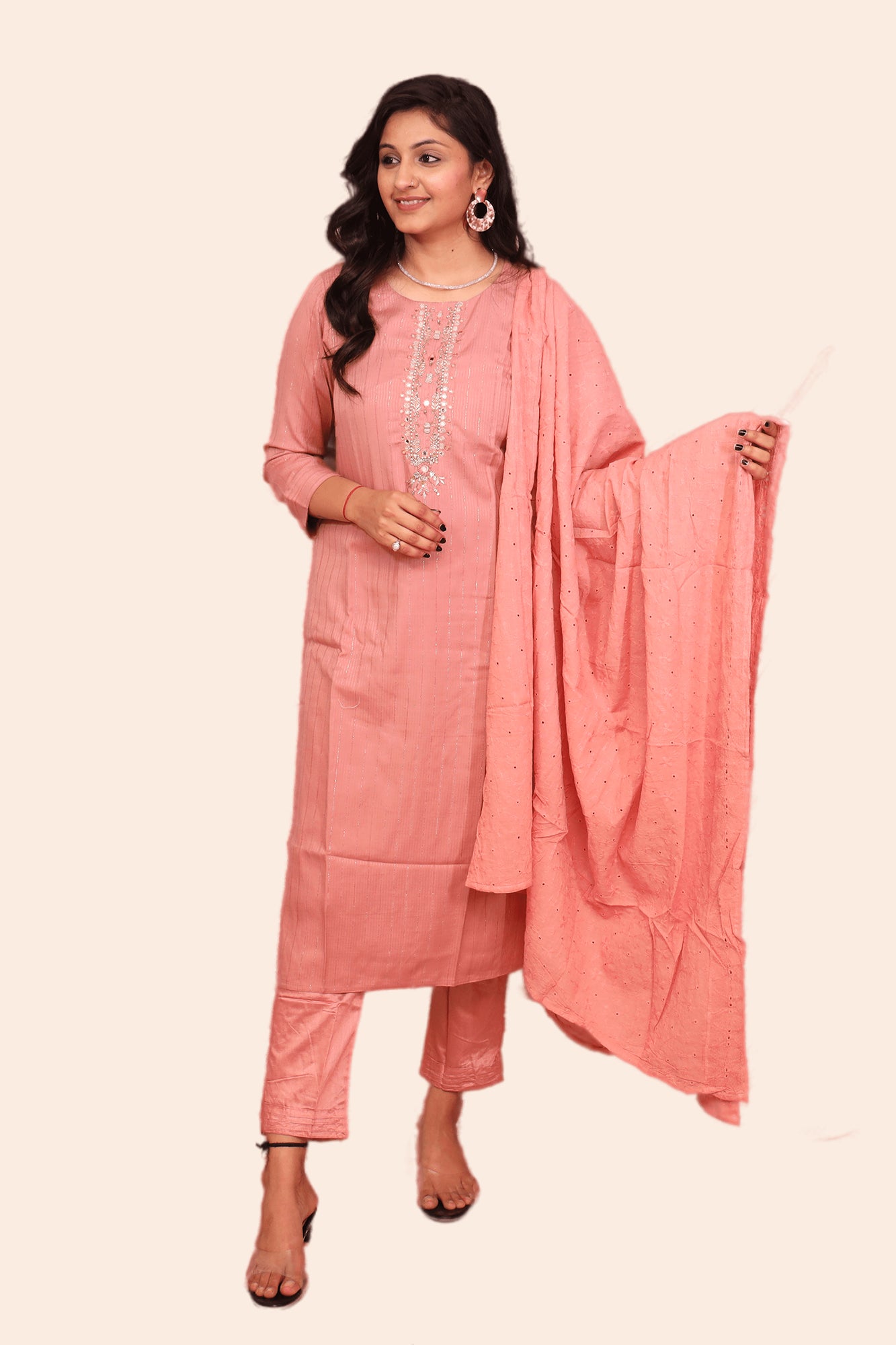 Urban Mystic Peach Embroidered  Kurta Pant Set With Dupatta