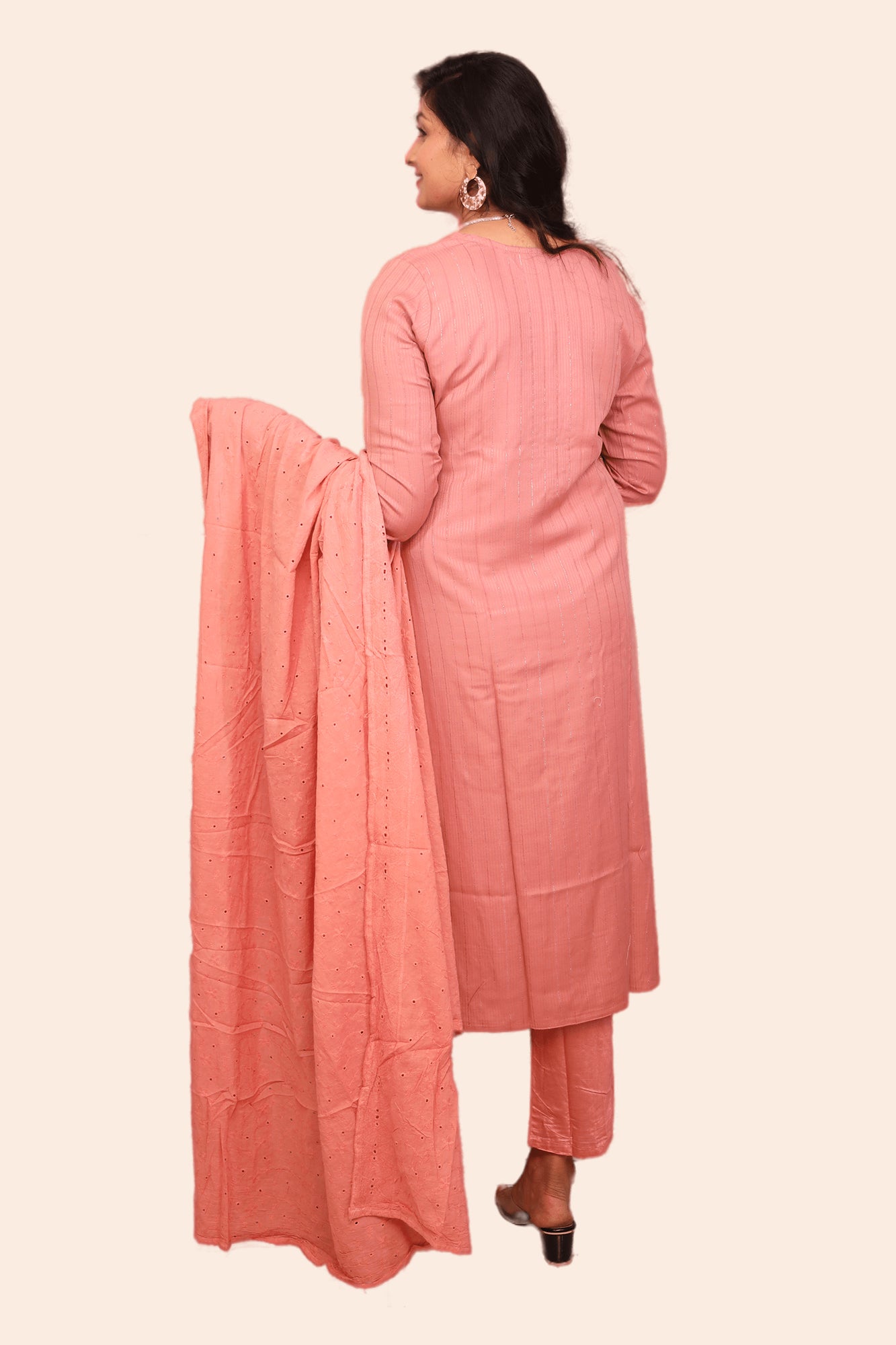 Urban Mystic Peach Embroidered  Kurta Pant Set With Dupatta