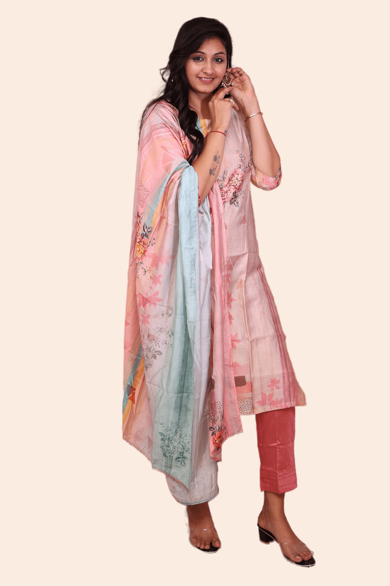 Urban Mystic Embroidered Floral Print Kurta Pant Set With Dupatta