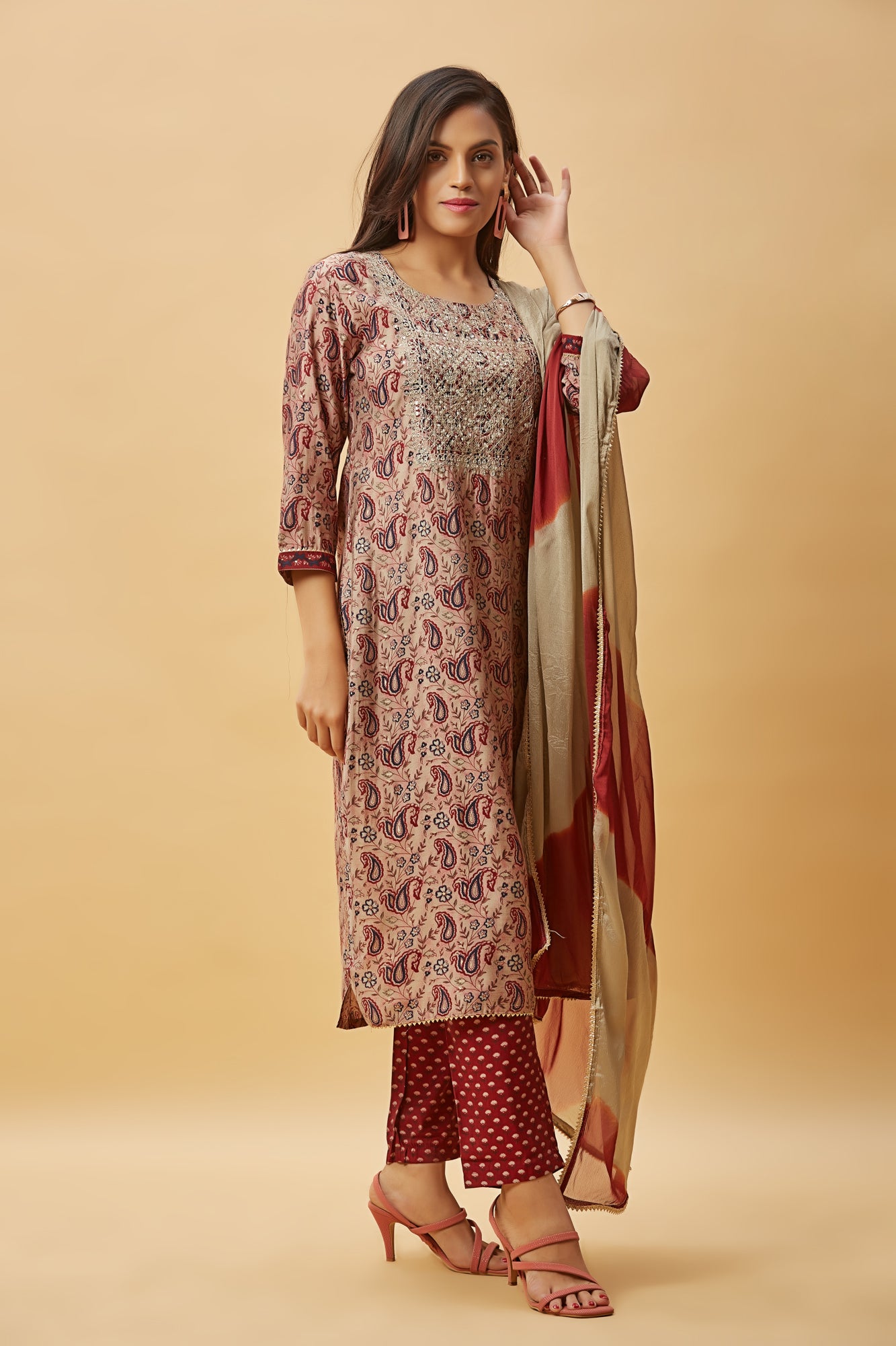 Urban Mystic Maroon Color Light Embroidered Kurta Set