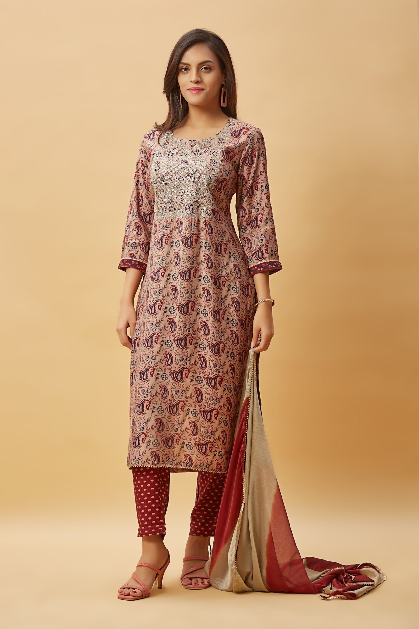 Urban Mystic Maroon Color Light Embroidered Kurta Set