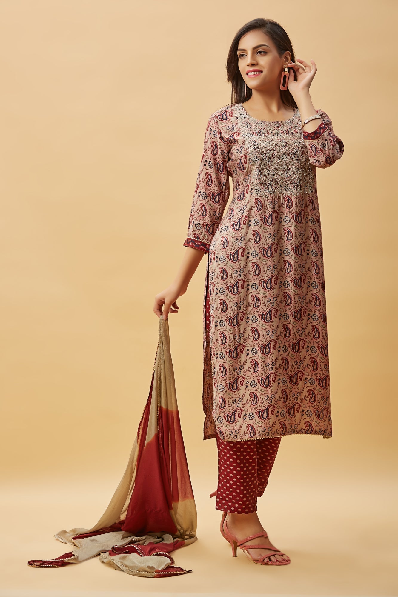 Urban Mystic Maroon Color Light Embroidered Kurta Set