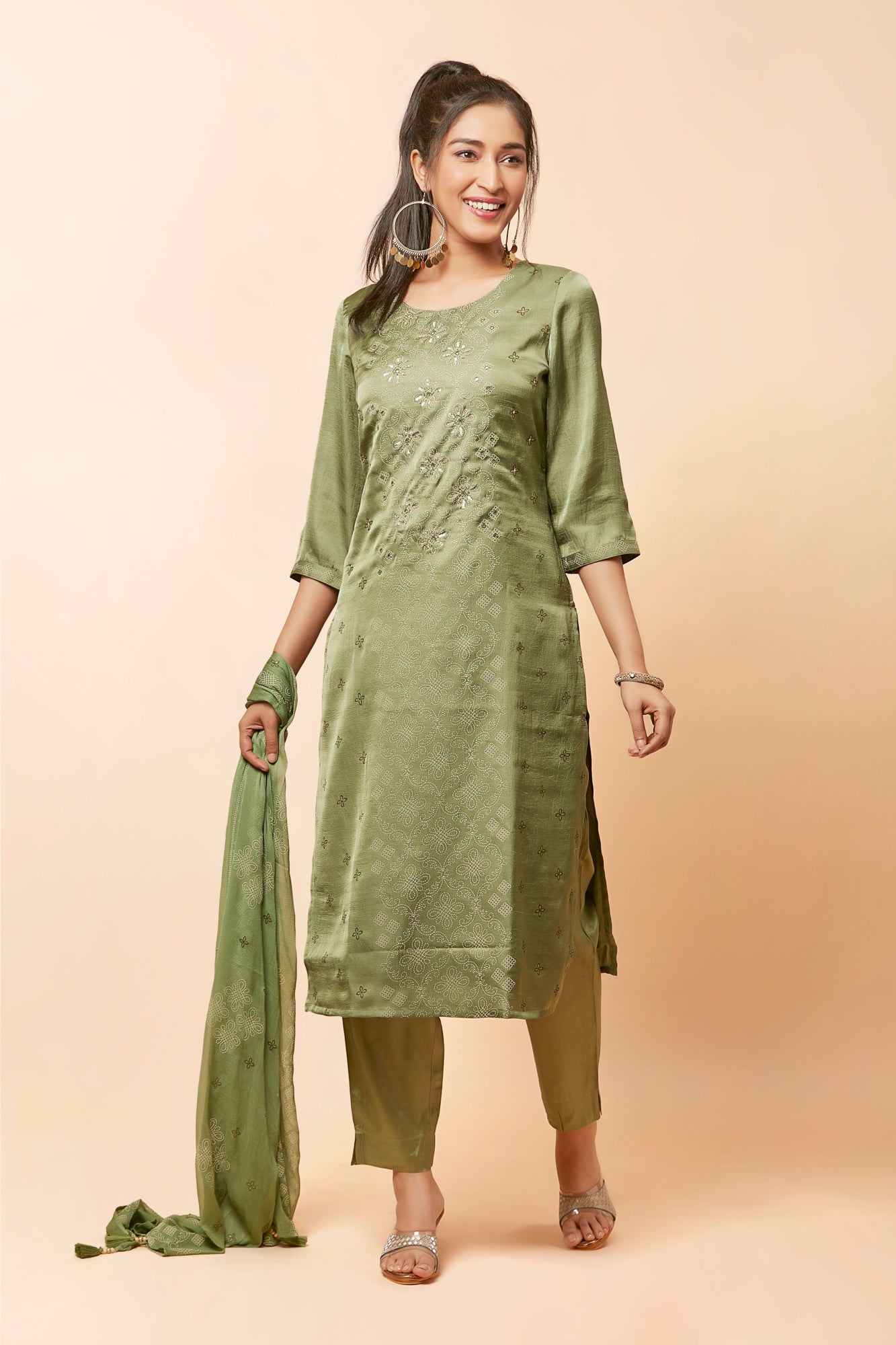 Urban Mystic Green Colored Silk Kurta Set With Light Embroidery