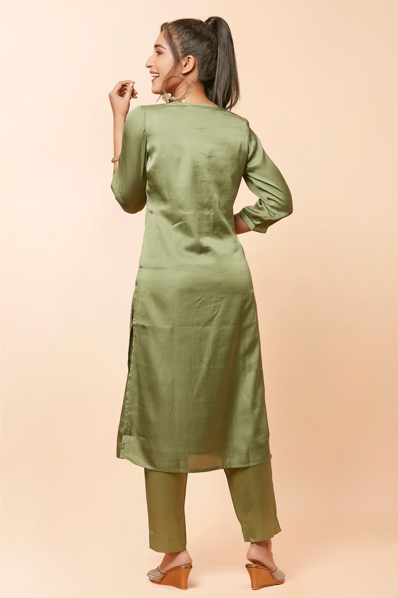 Urban Mystic Green Colored Silk Kurta Set With Light Embroidery