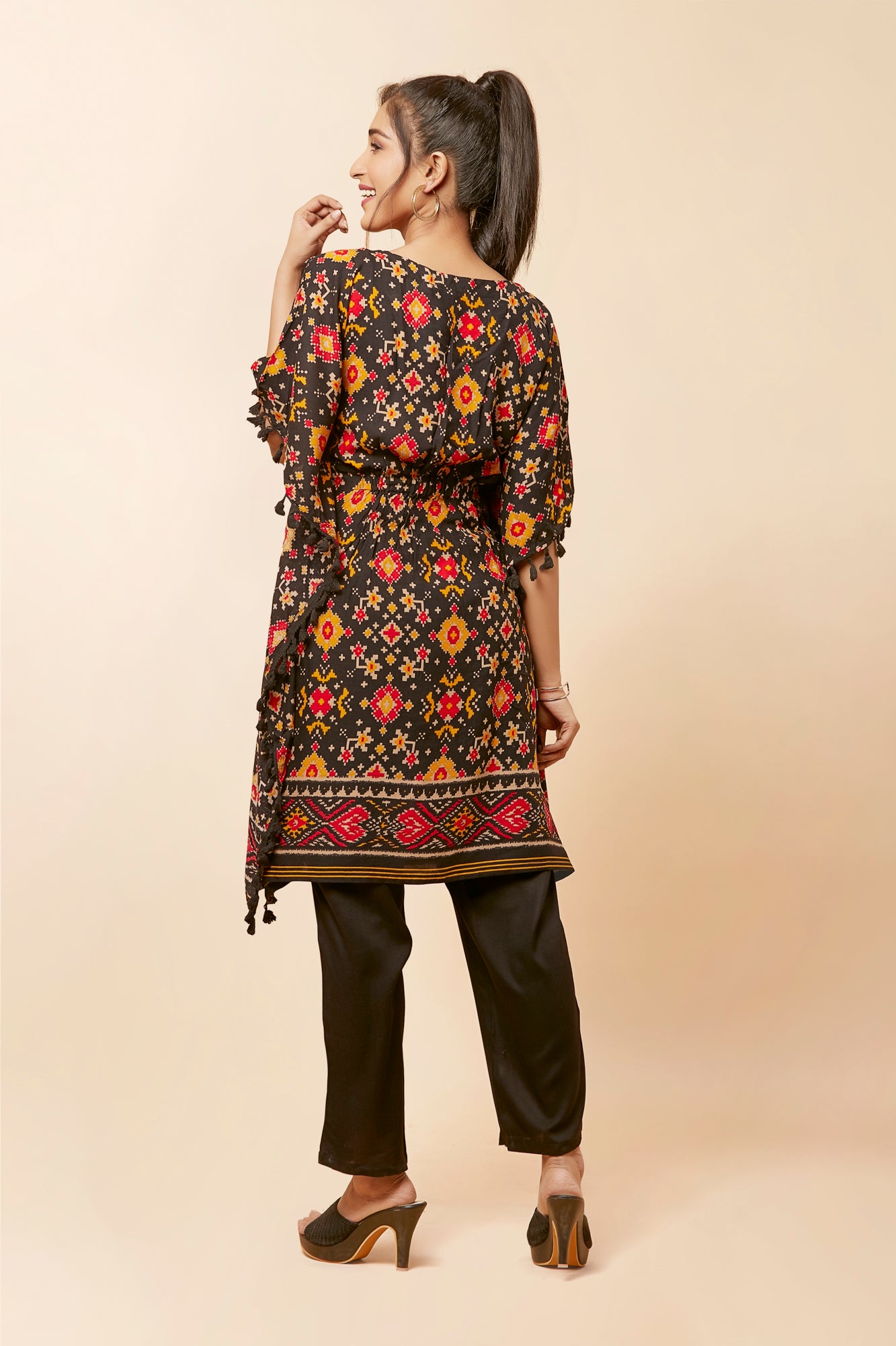 Urban Mystic Black Colored Ikat Print Kaftan Style Kurta Set