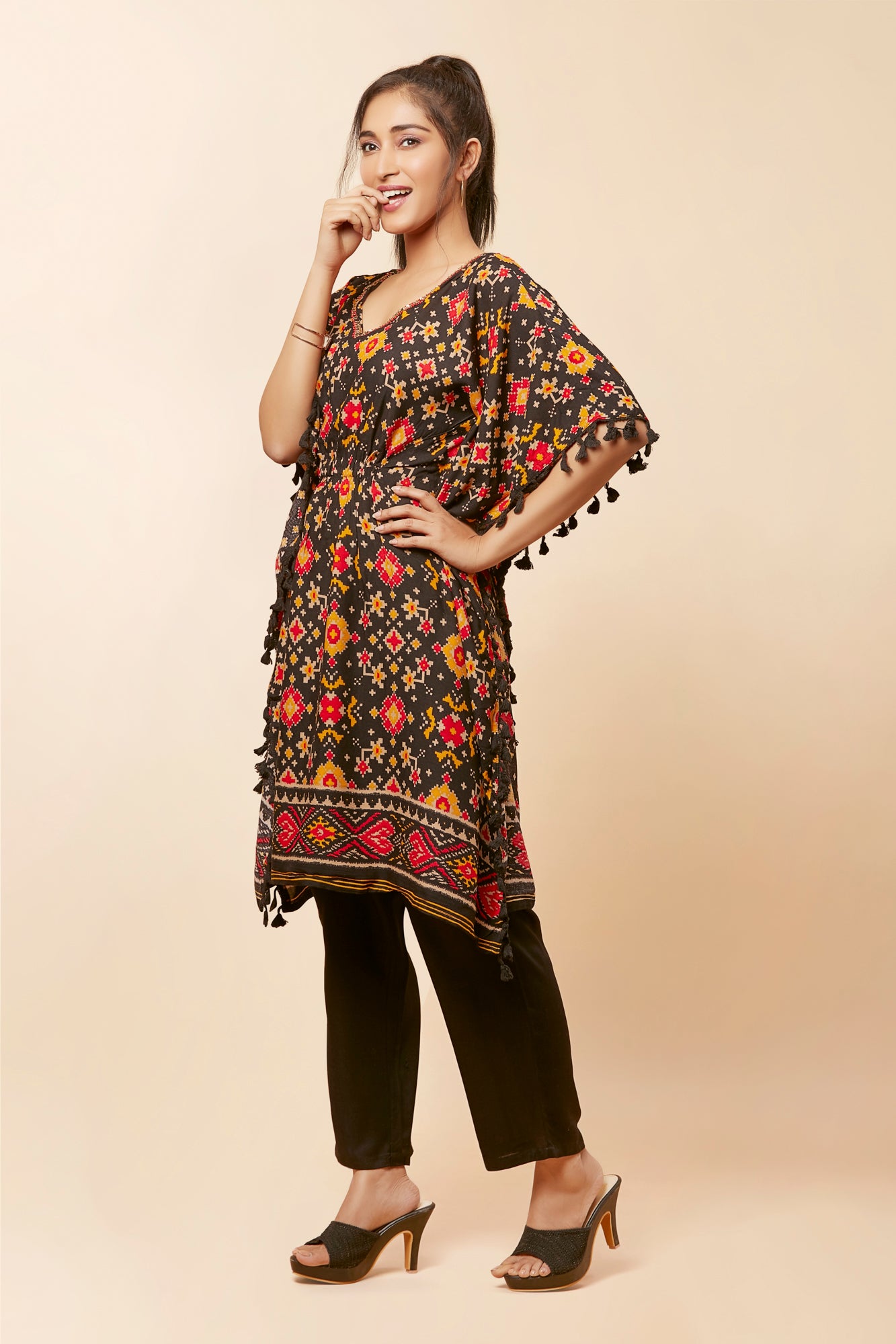 Urban Mystic Black Colored Ikat Print Kaftan Style Kurta Set