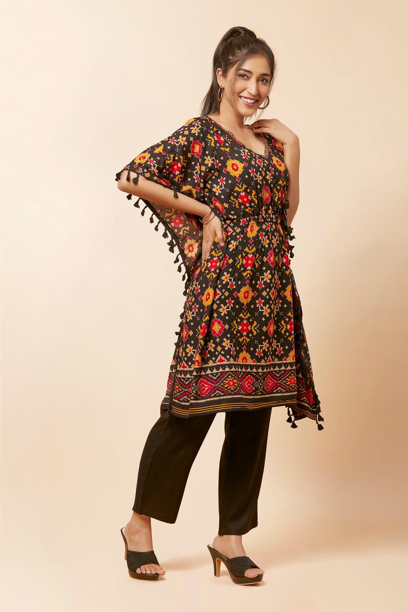 Urban Mystic Black Colored Ikat Print Kaftan Style Kurta Set