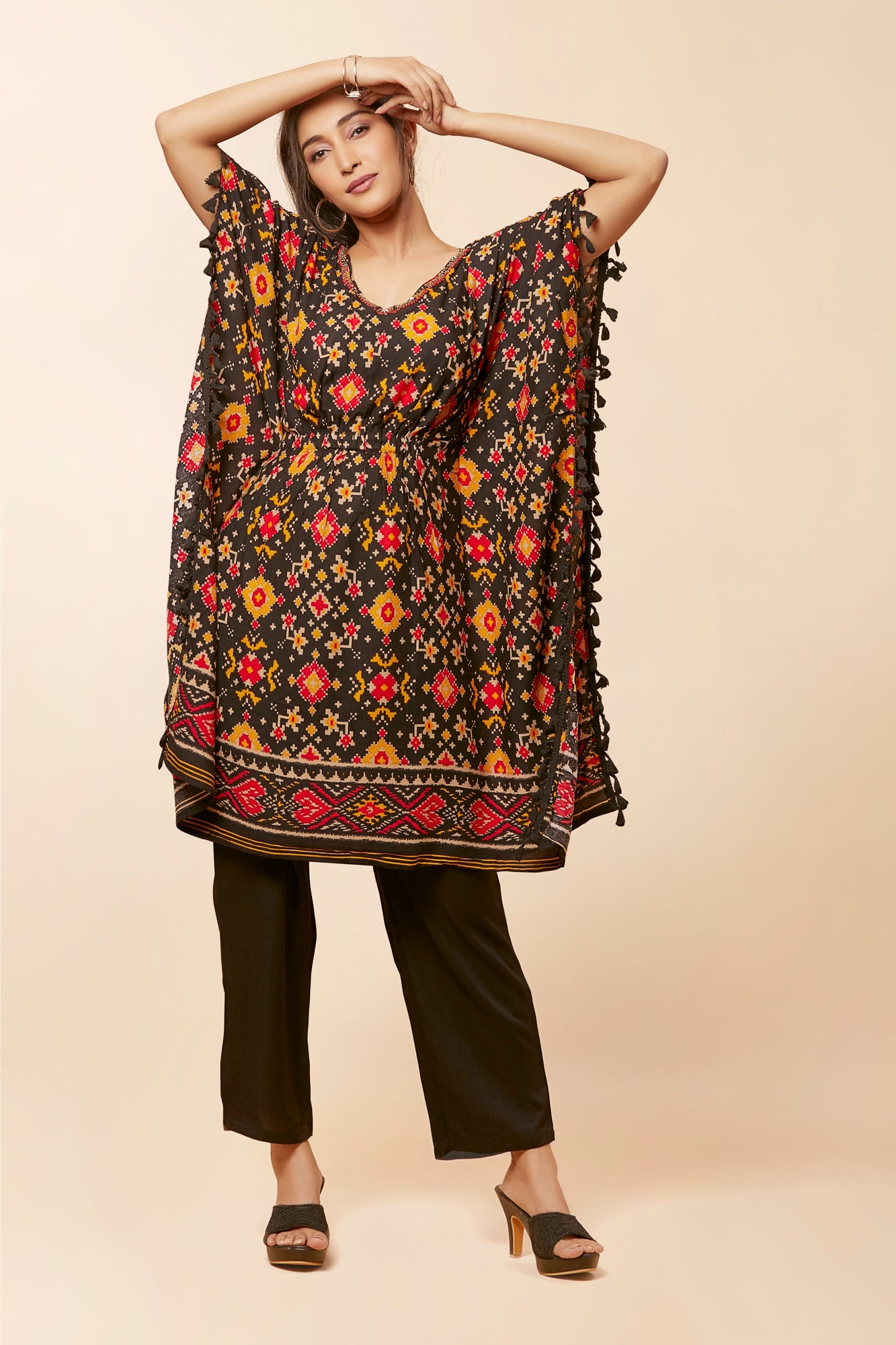 Urban Mystic Black Colored Ikat Print Kaftan Style Kurta Set