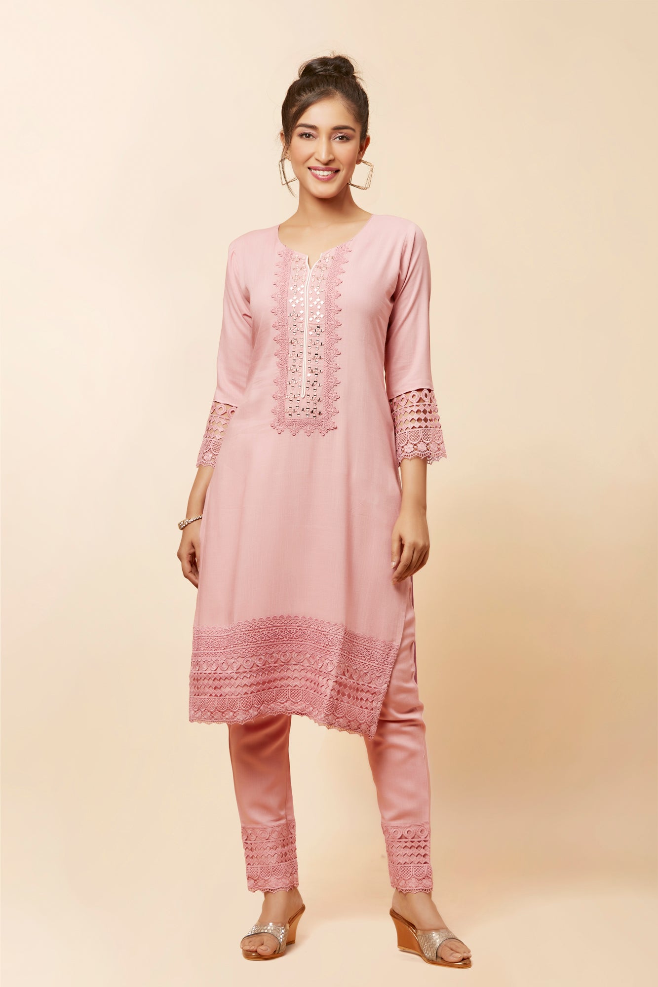 Urban Mystic Light Pink Mirror Work Kurta Set