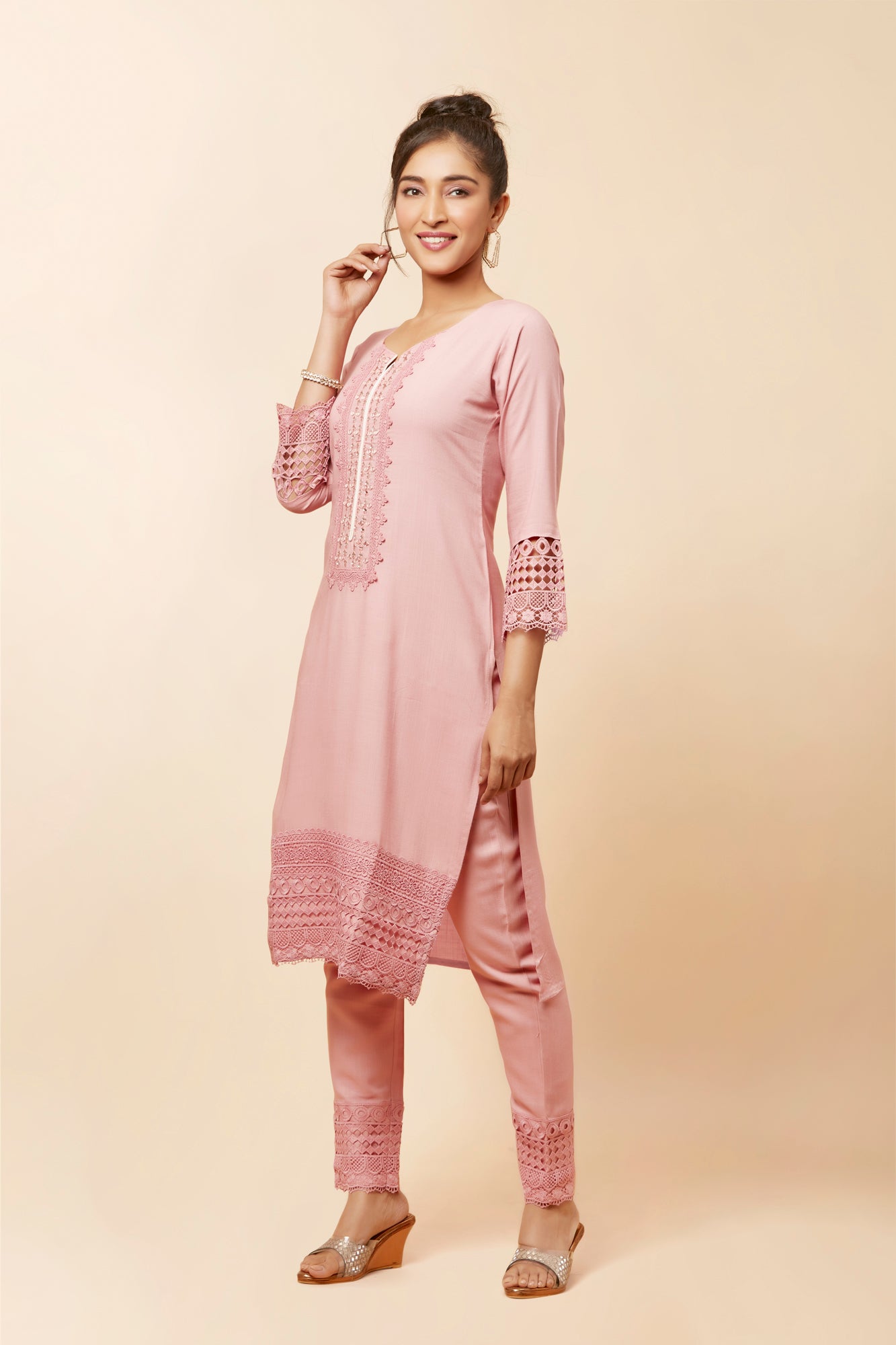 Urban Mystic Light Pink Mirror Work Kurta Set