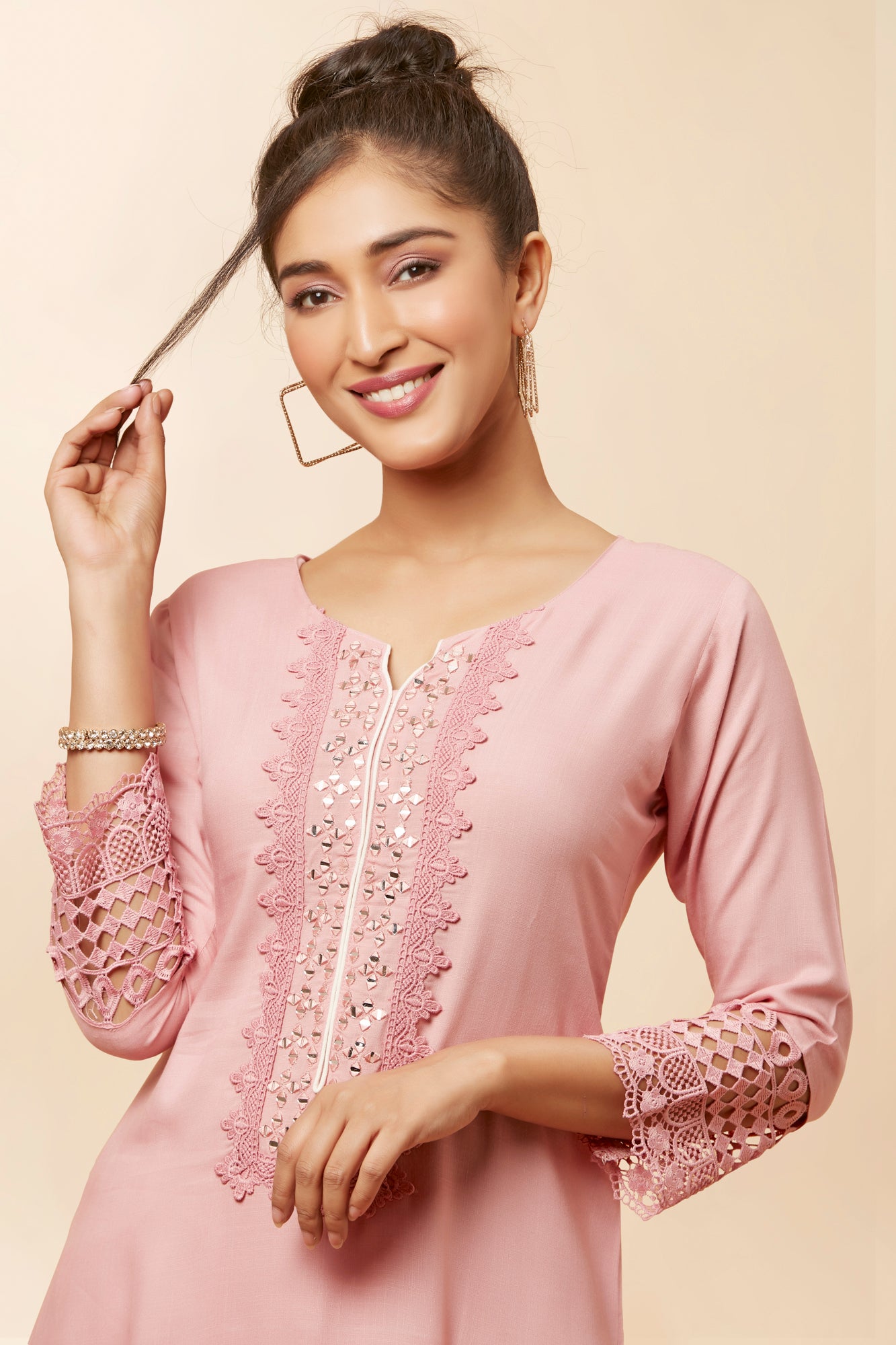 Urban Mystic Light Pink Mirror Work Kurta Set