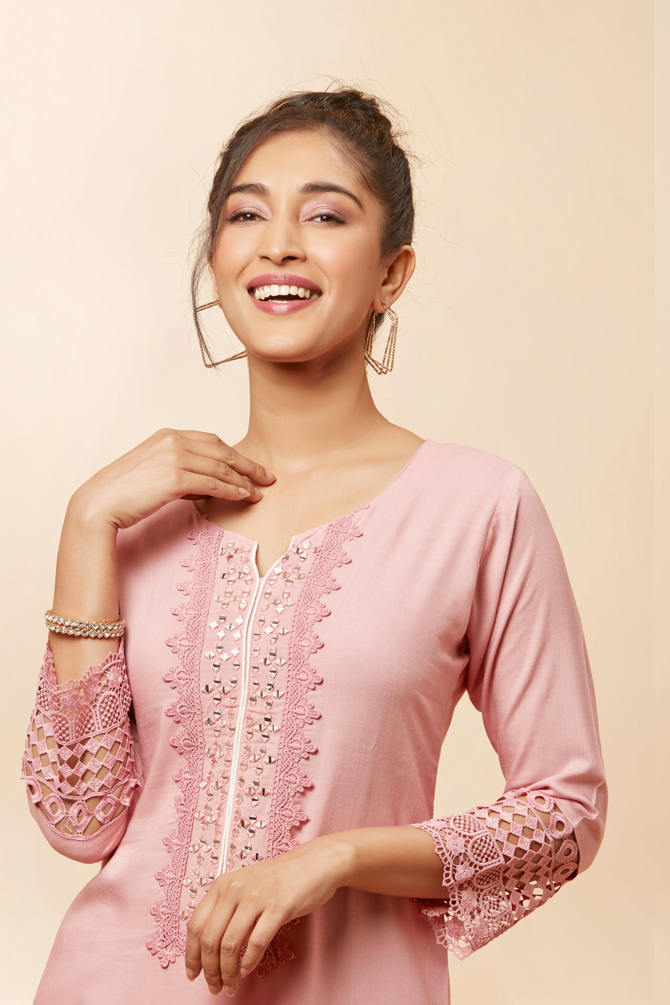 Urban Mystic Light Pink Mirror Work Kurta Set