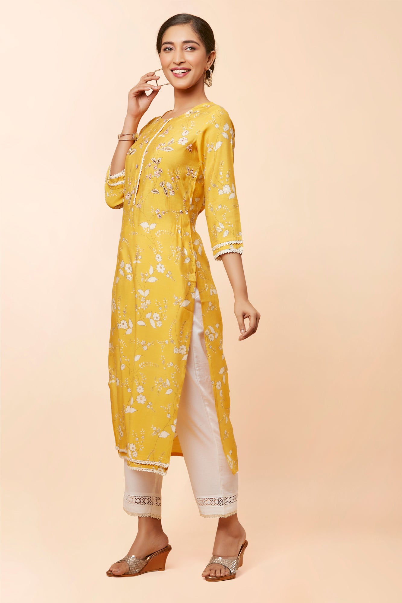 Urban Mystic Yellow Colored Embroidered Party Wear Kurta Set