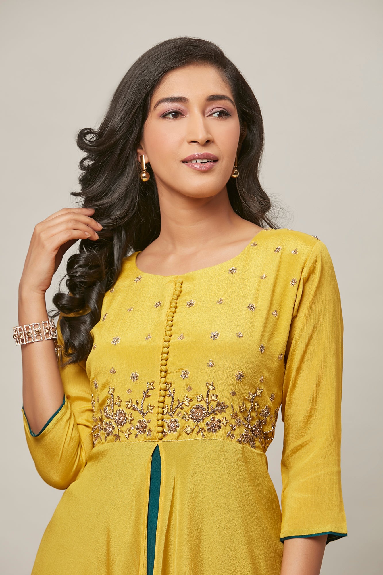 Urban Mystic Yellow Colored Double Layered Party Wear Embroidered Kurta