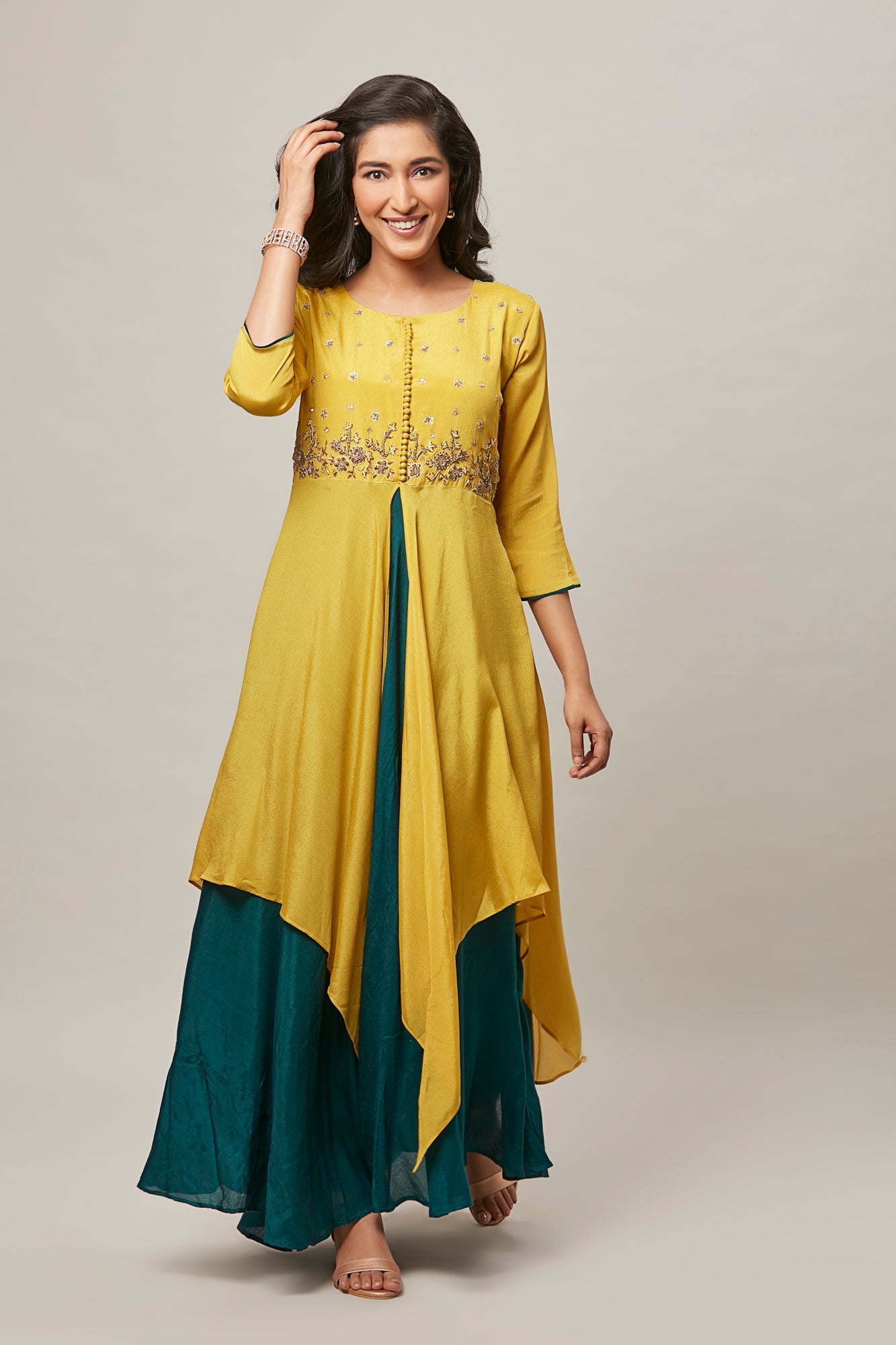 Urban Mystic Yellow Colored Double Layered Party Wear Embroidered Kurta