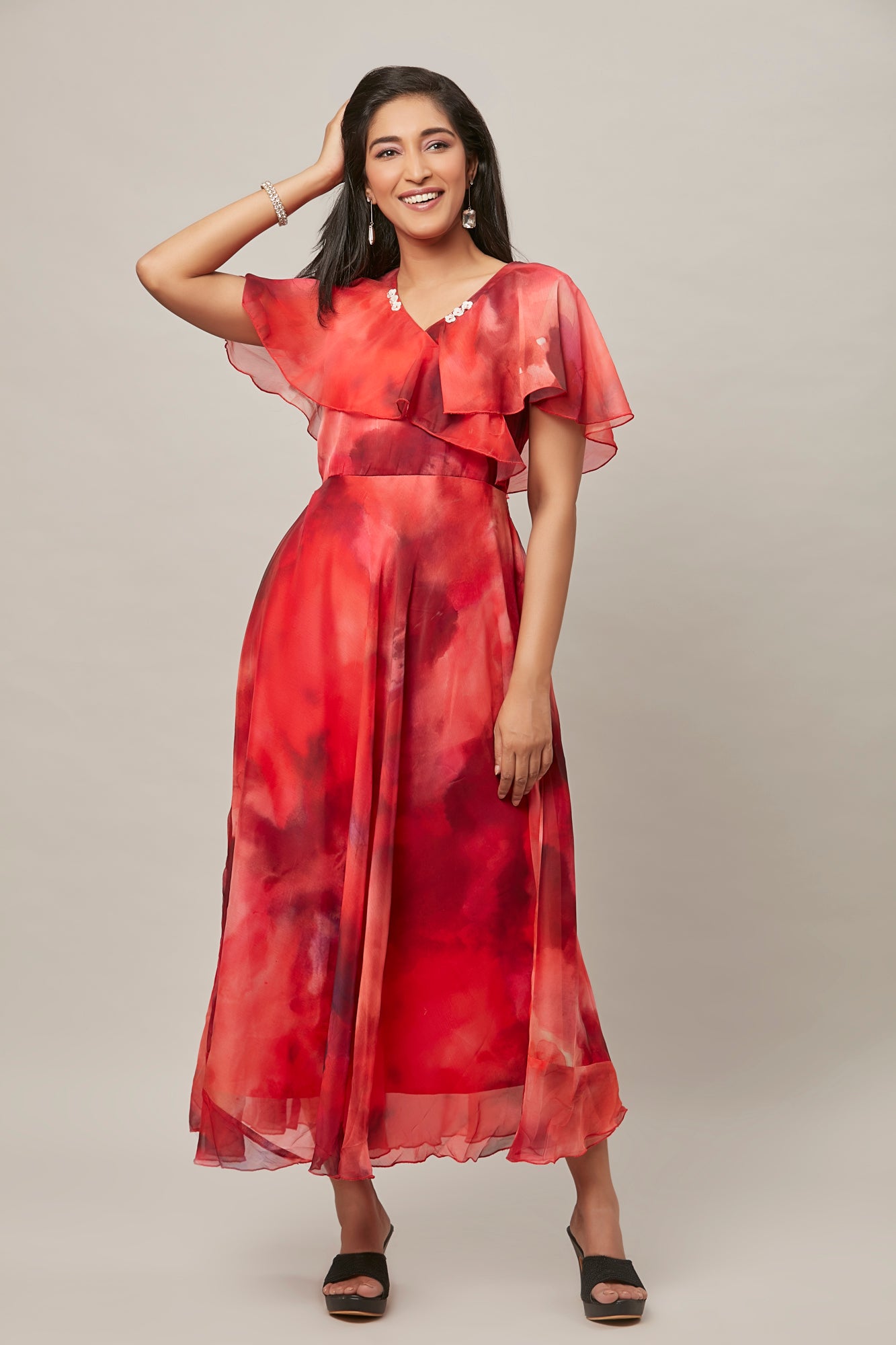 Urban Mystic Blood Red Ombre Dress With Bell Sleeves