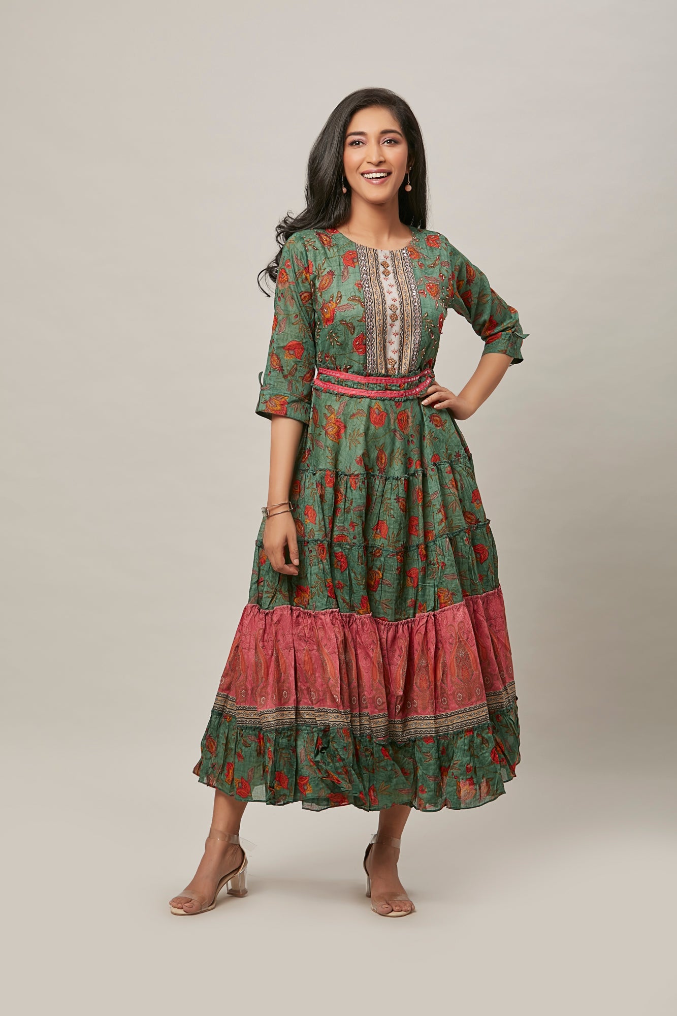 Urban Mystic Green Colored Flaired Dress Styled Kurta With Belt
