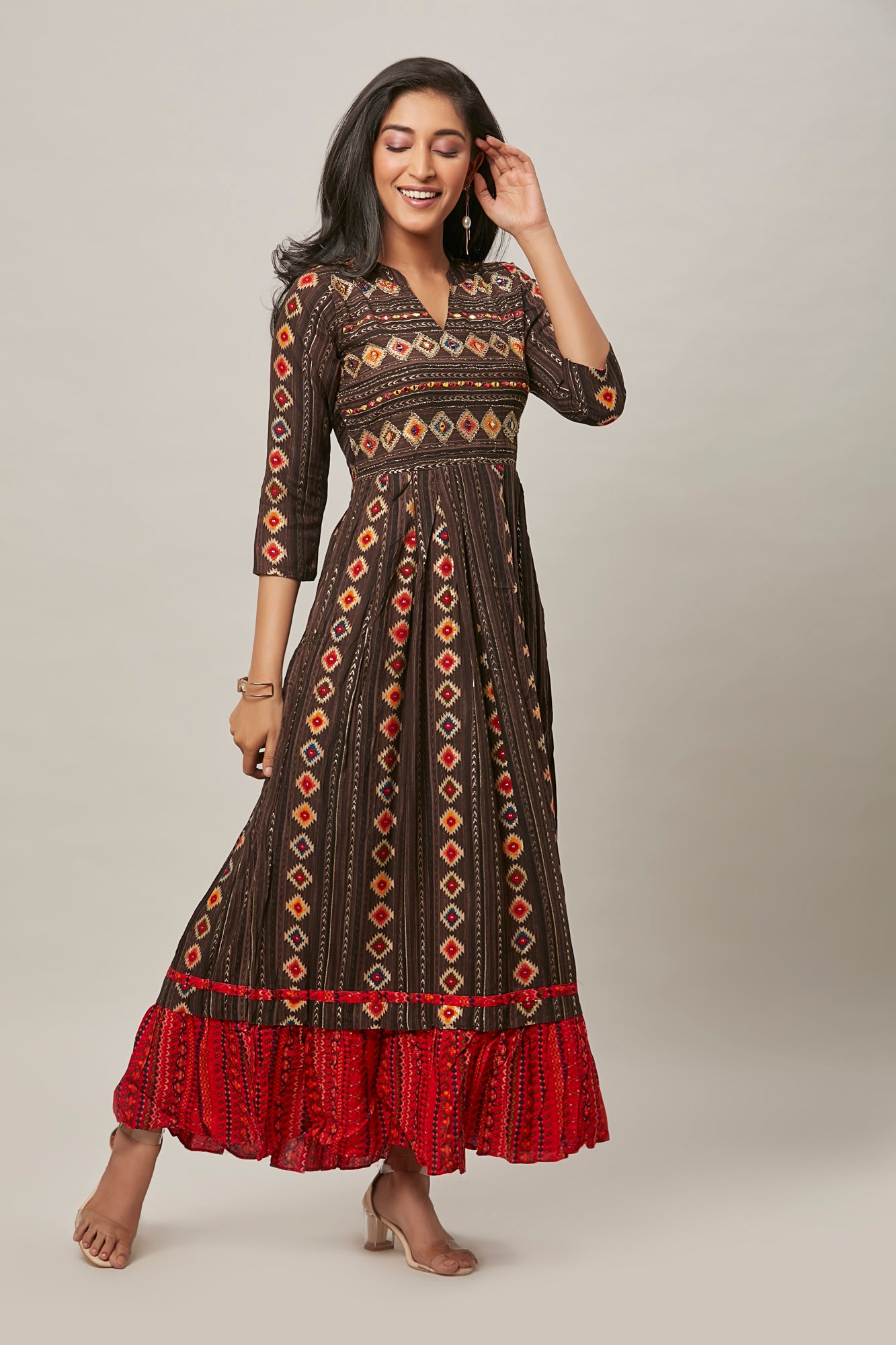 Urban Mystic Black Brown Geometric Printed Long Flared Kurta