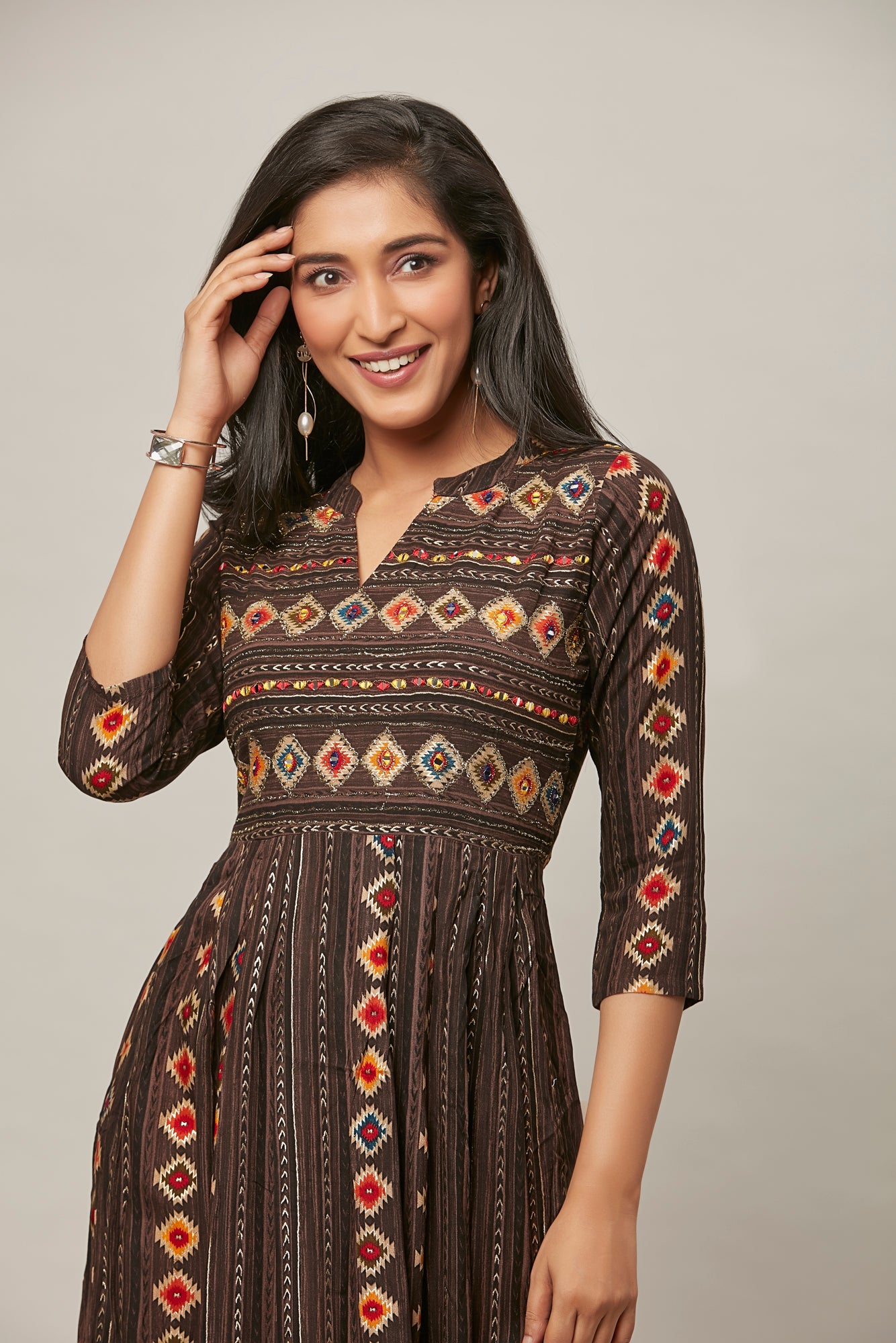 Urban Mystic Black Brown Geometric Printed Long Flared Kurta