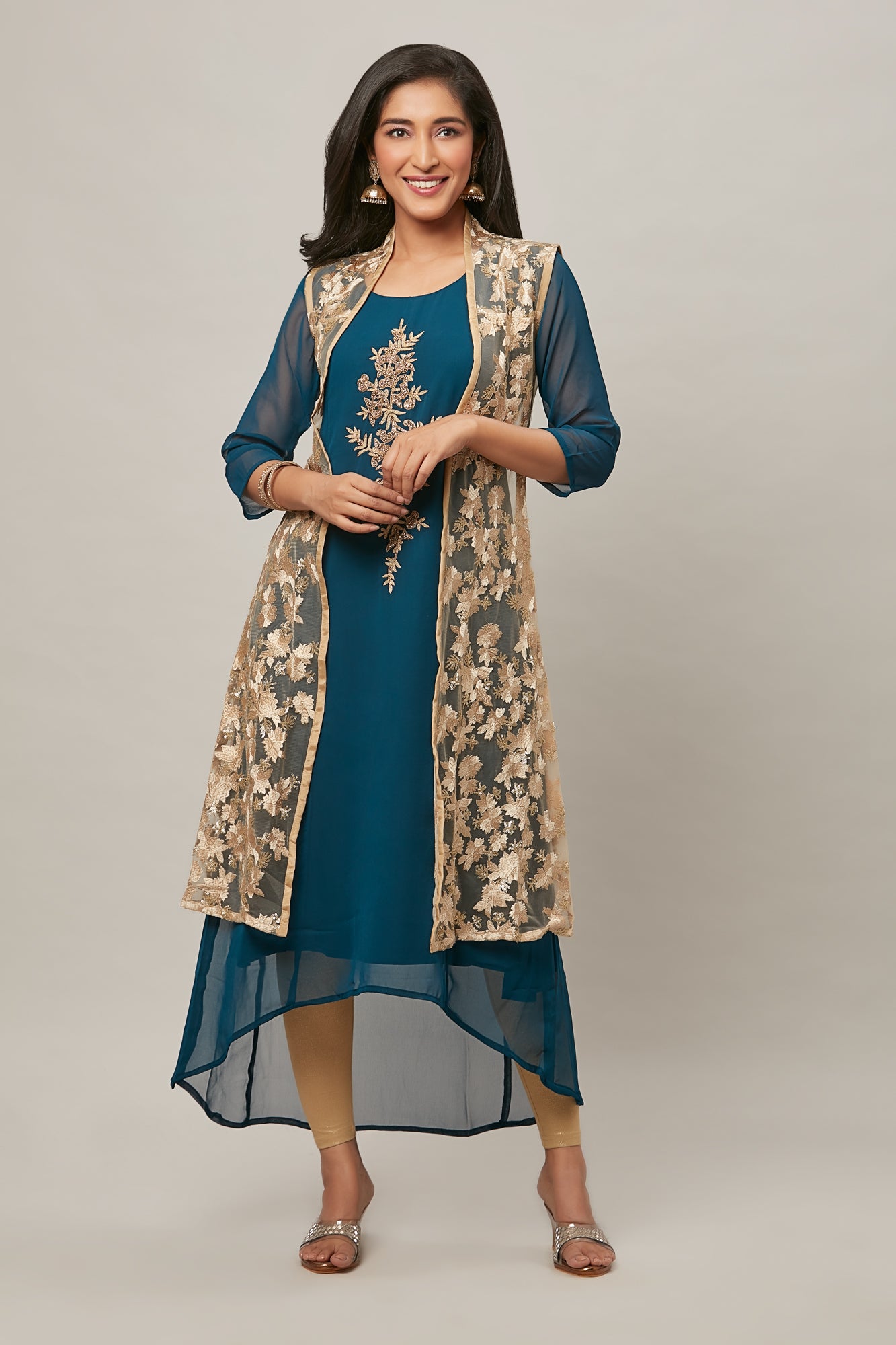 Urban Mystic Jacket Styled Teal Colored Party Wear Kurta