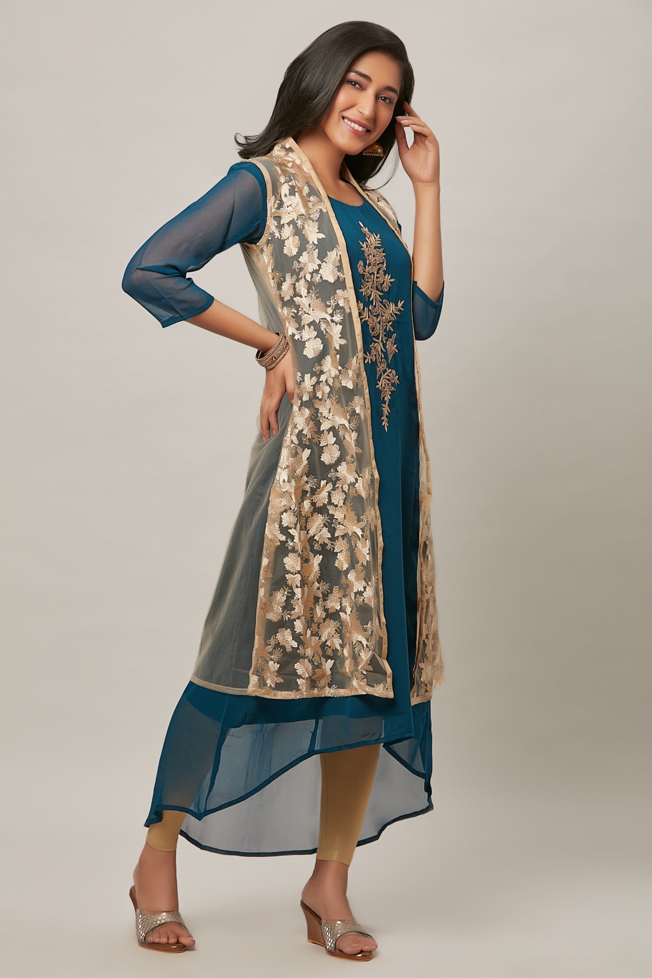 Urban Mystic Jacket Styled Teal Colored Party Wear Kurta