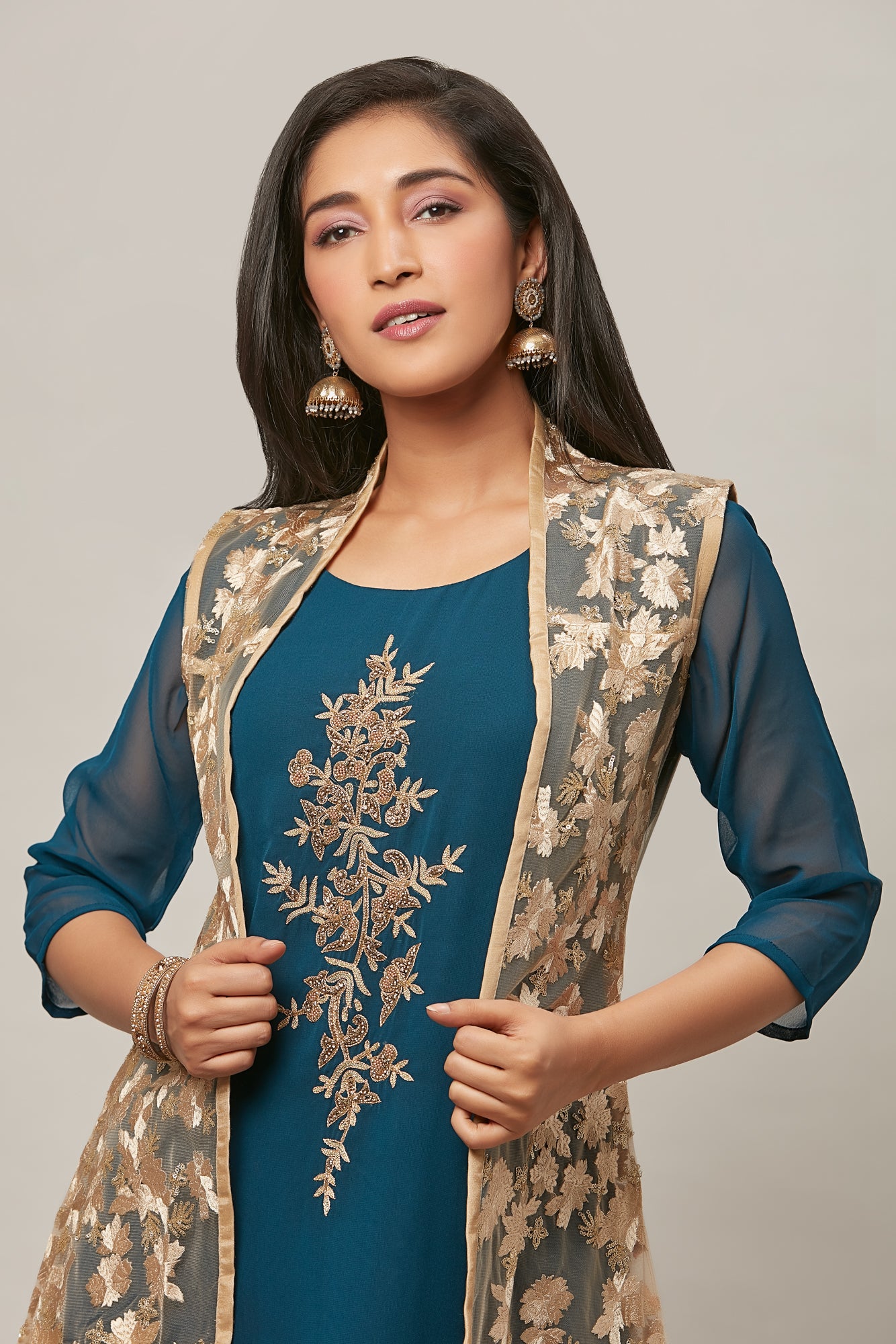 Urban Mystic Jacket Styled Teal Colored Party Wear Kurta