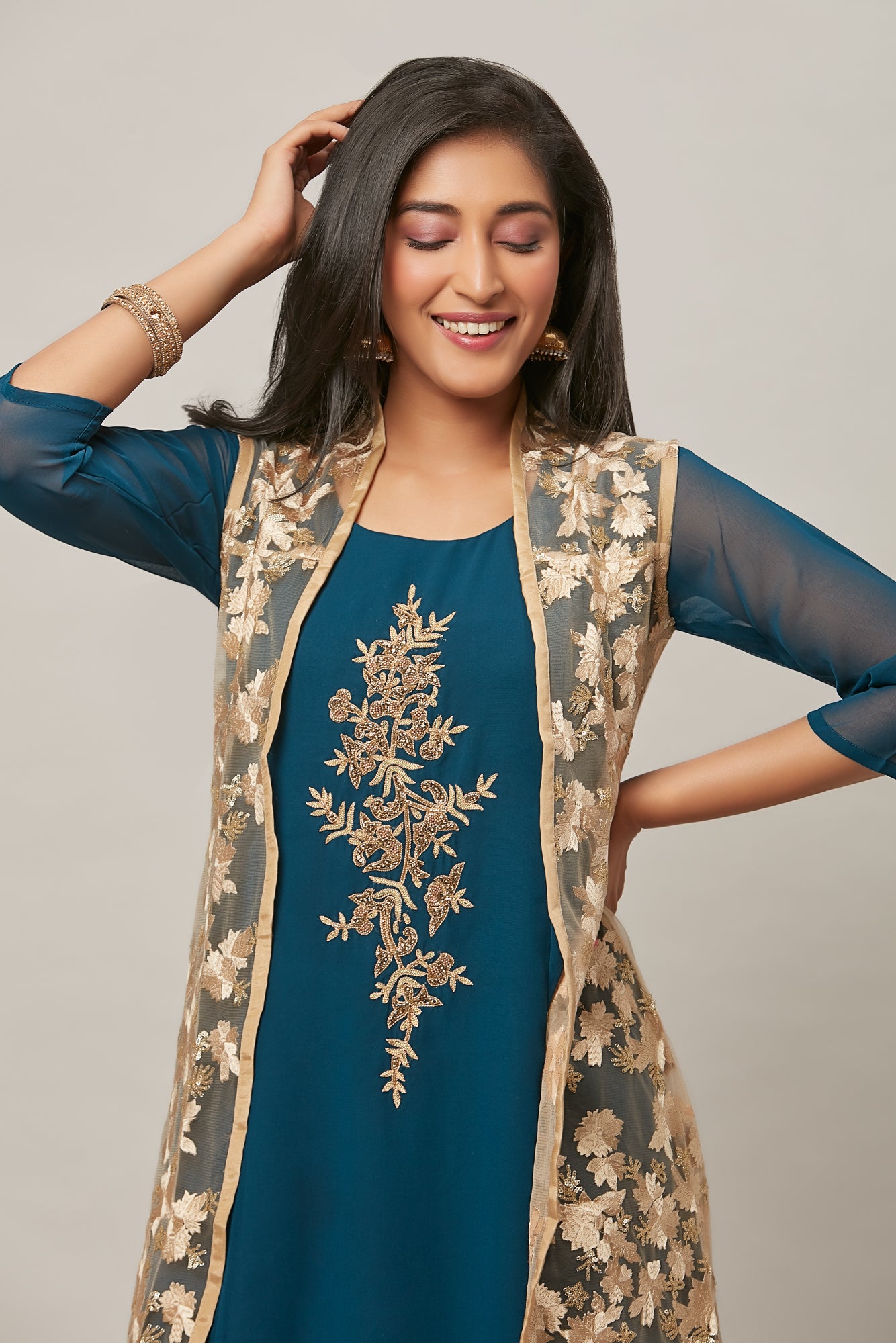 Urban Mystic Jacket Styled Teal Colored Party Wear Kurta