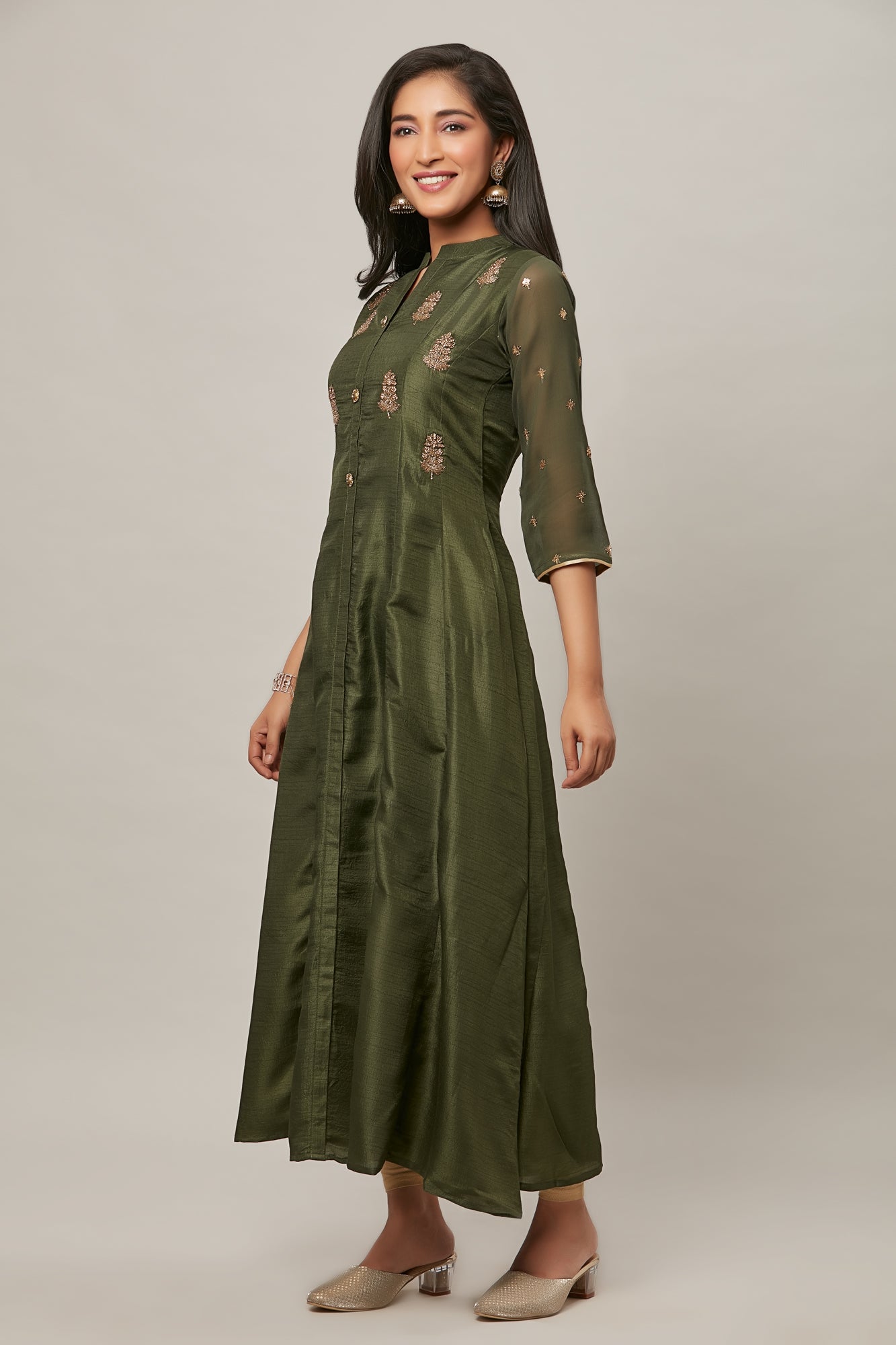 Urban Mystic Olive Green Colored Long Flared Party Wear Kurta