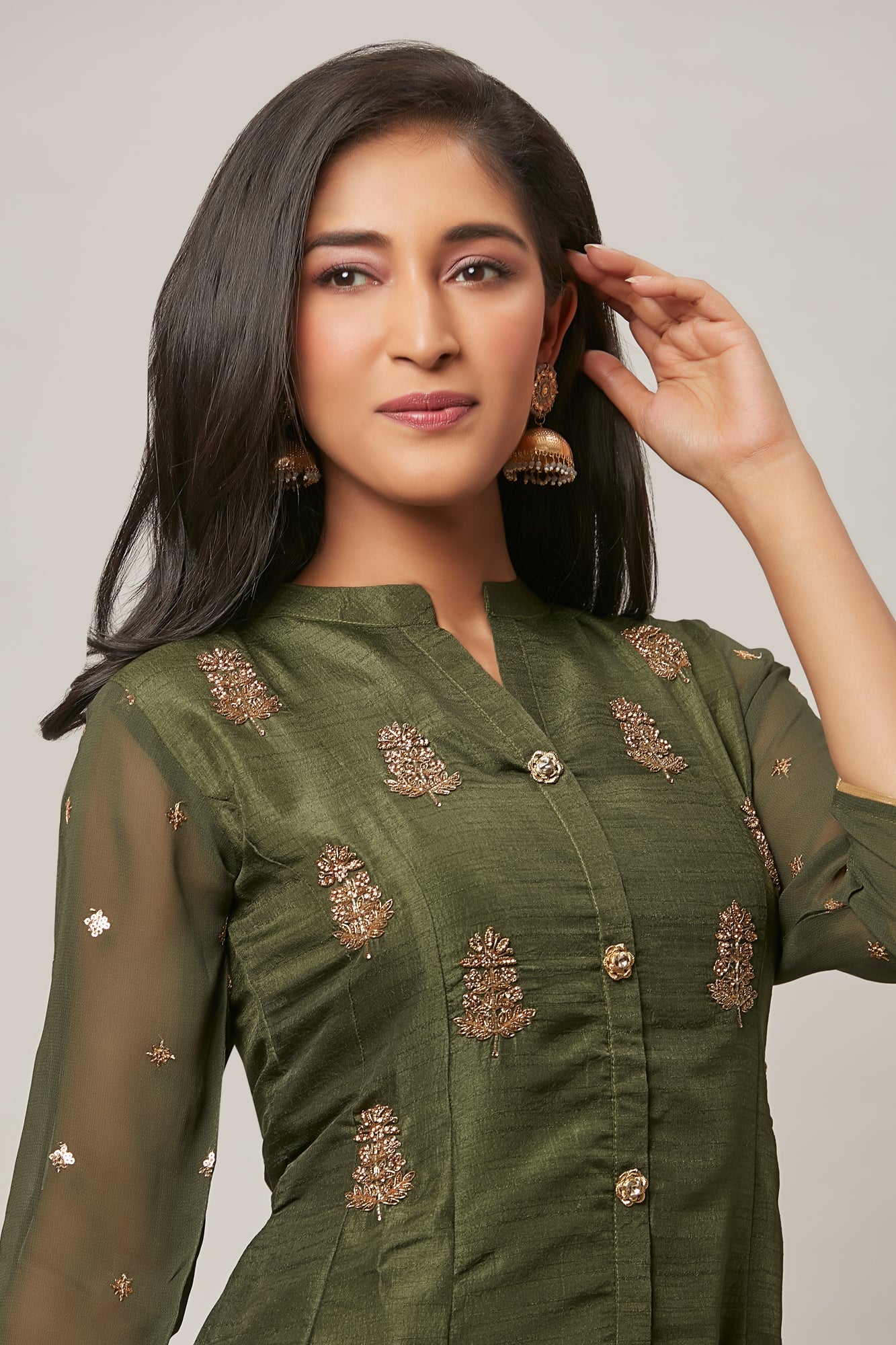 Urban Mystic Olive Green Colored Long Flared Party Wear Kurta