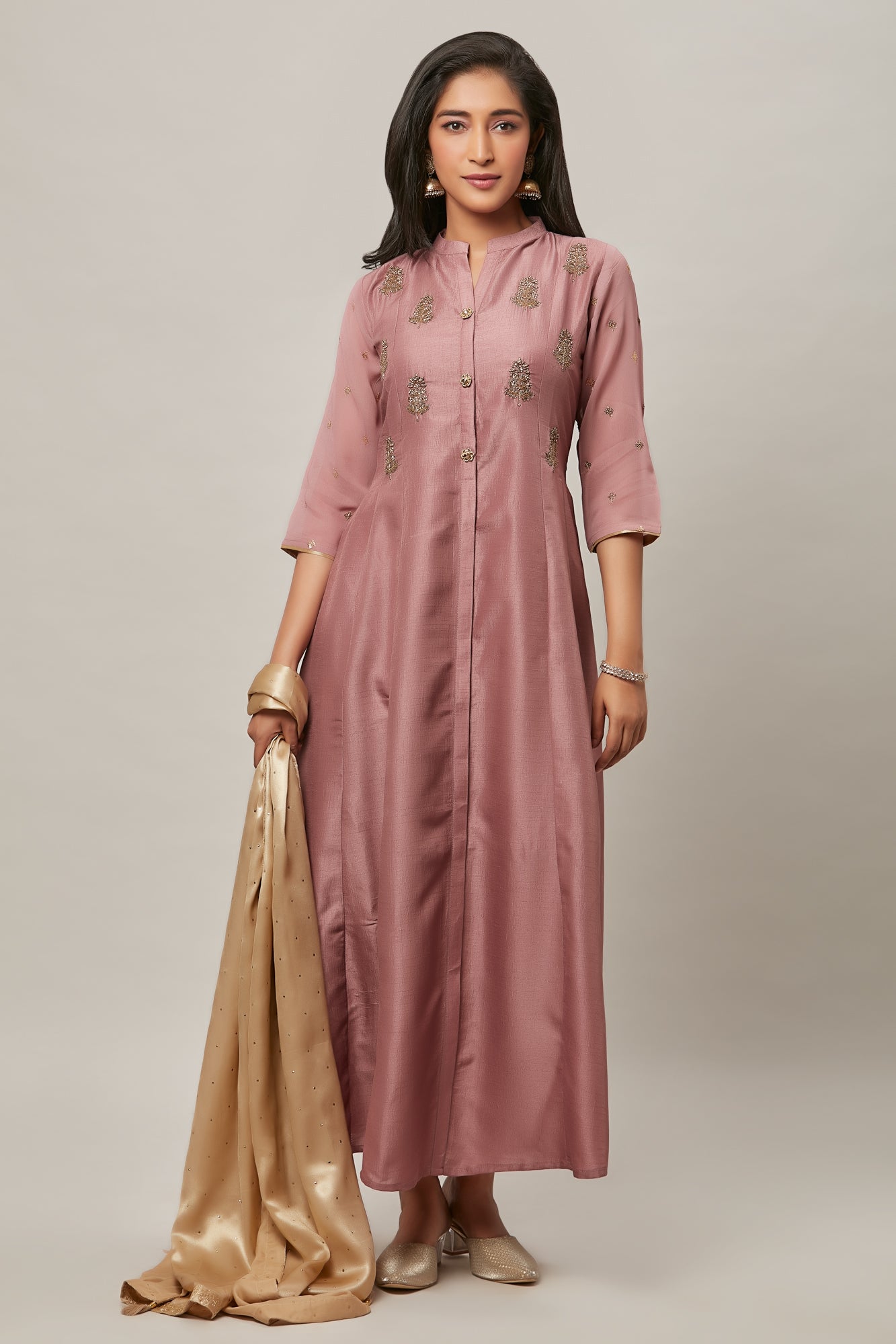 Urban Mystic Onion Colored Flared Long Kurta With Embroidery