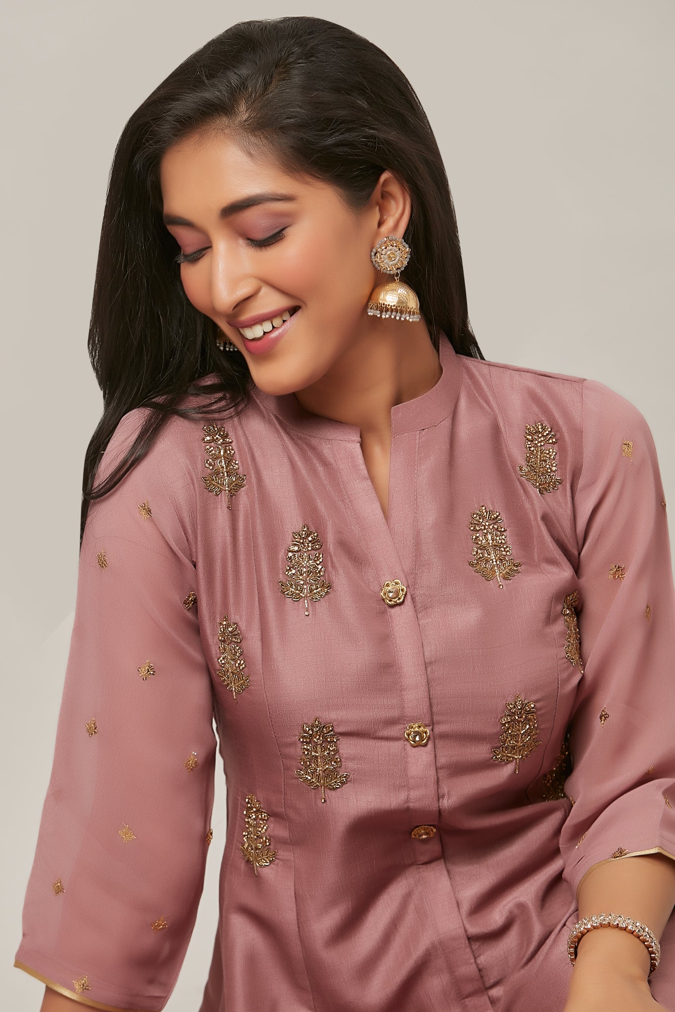 Urban Mystic Onion Colored Flared Long Kurta With Embroidery