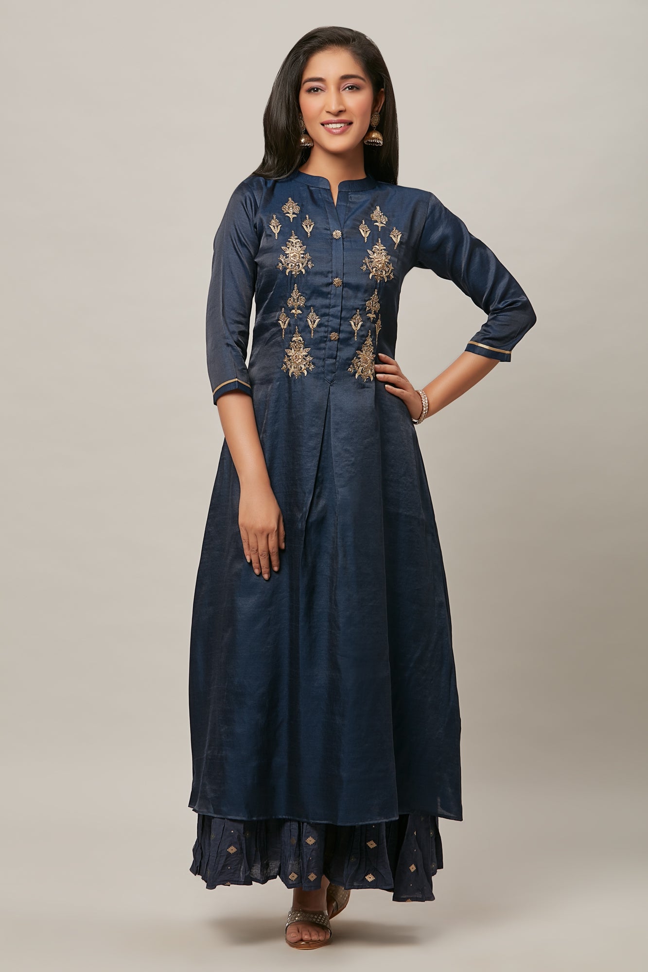 Urban Mystic Navy Blue Long Embroidered Kurta