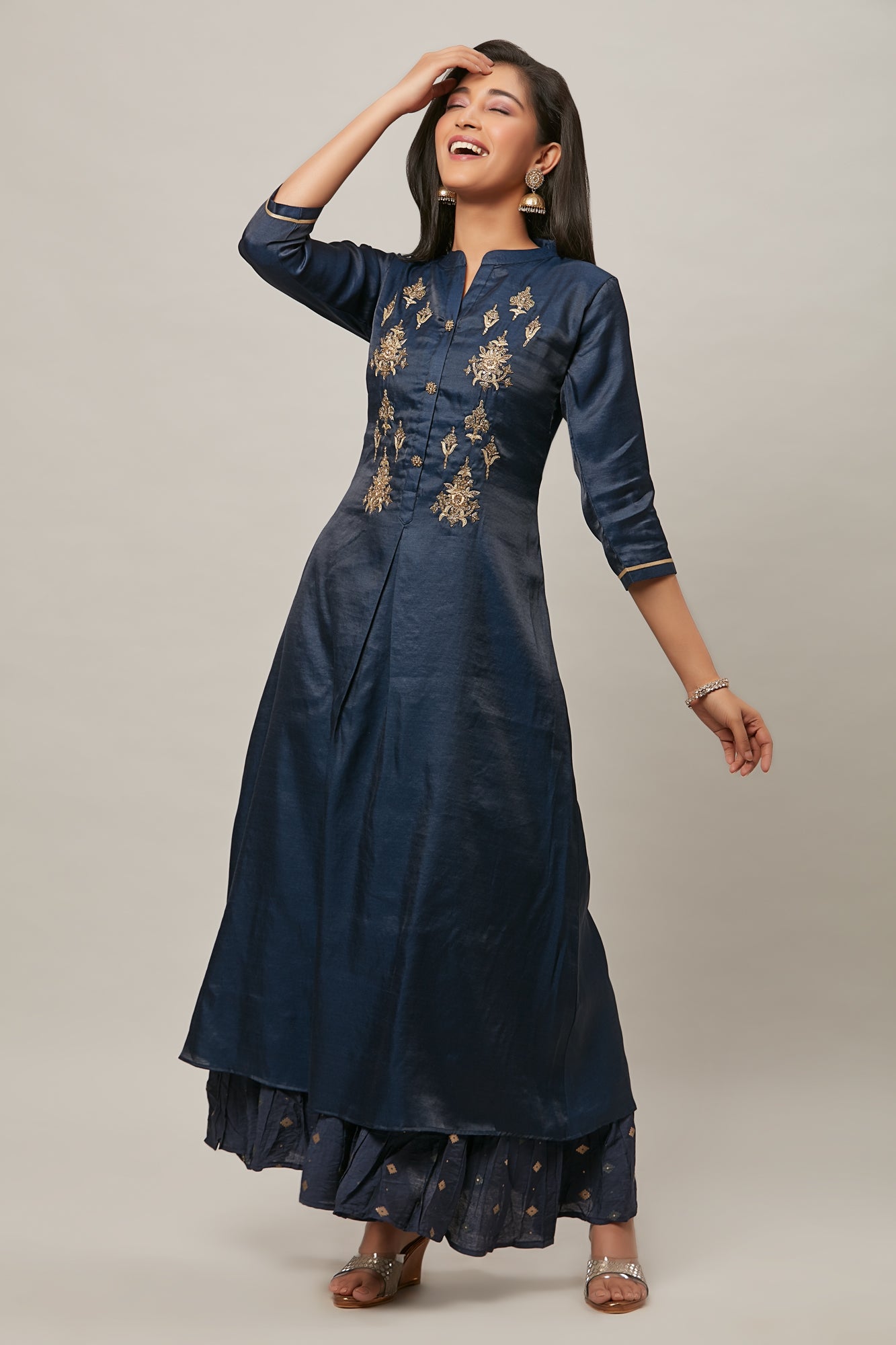 Urban Mystic Navy Blue Long Embroidered Kurta