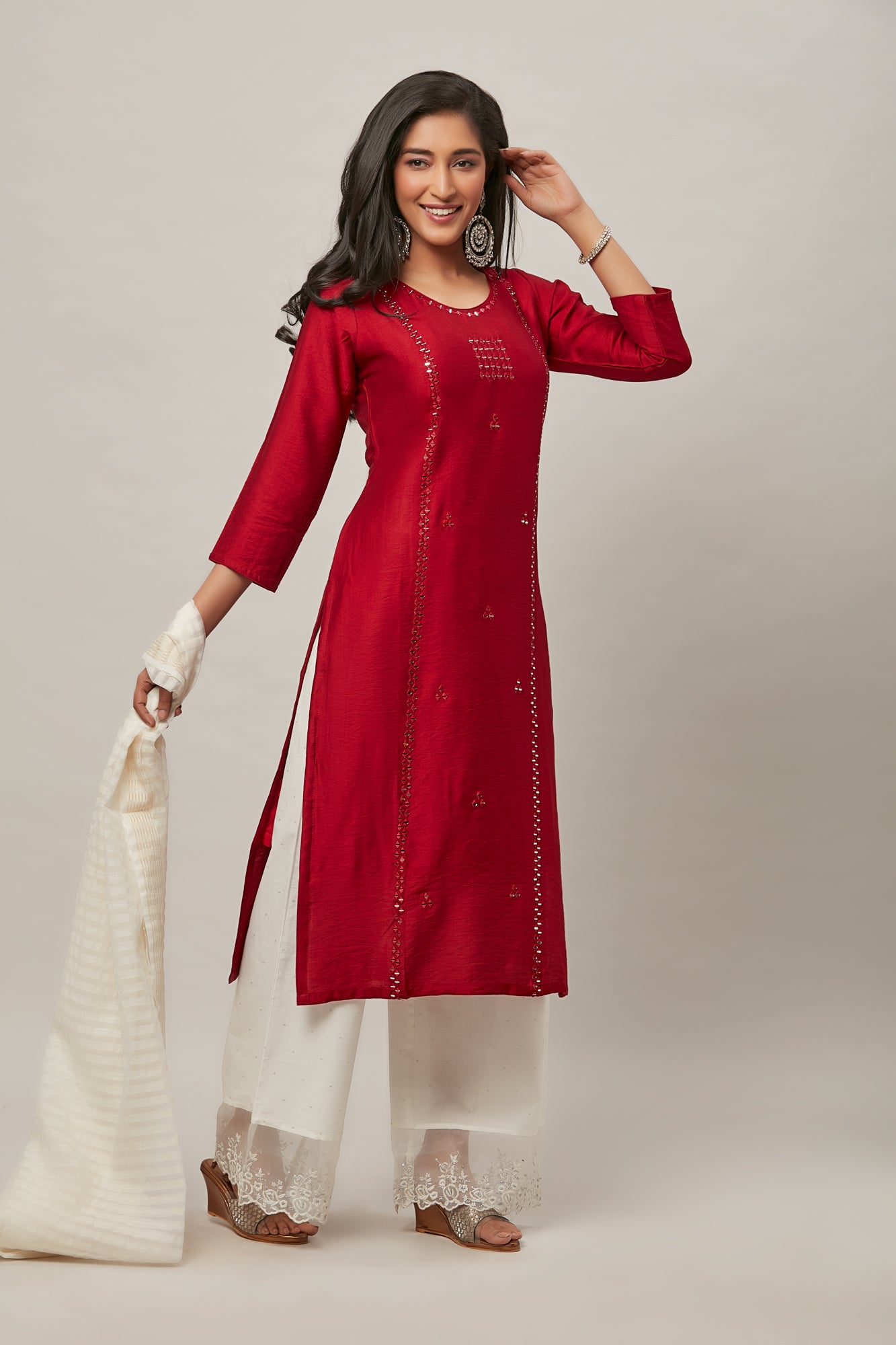 Urban Mystic Maroon Red Mirror Work Straight Kurta