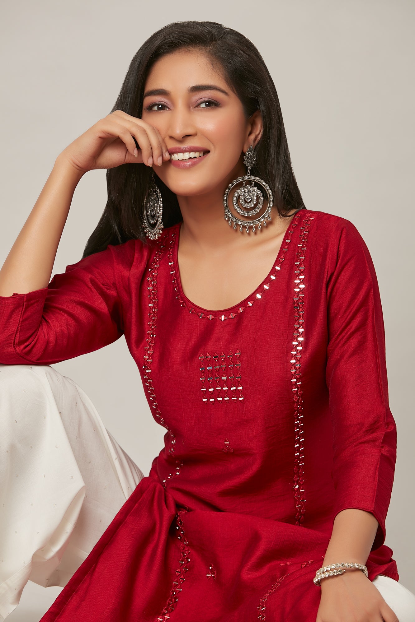 Urban Mystic Maroon Red Mirror Work Straight Kurta