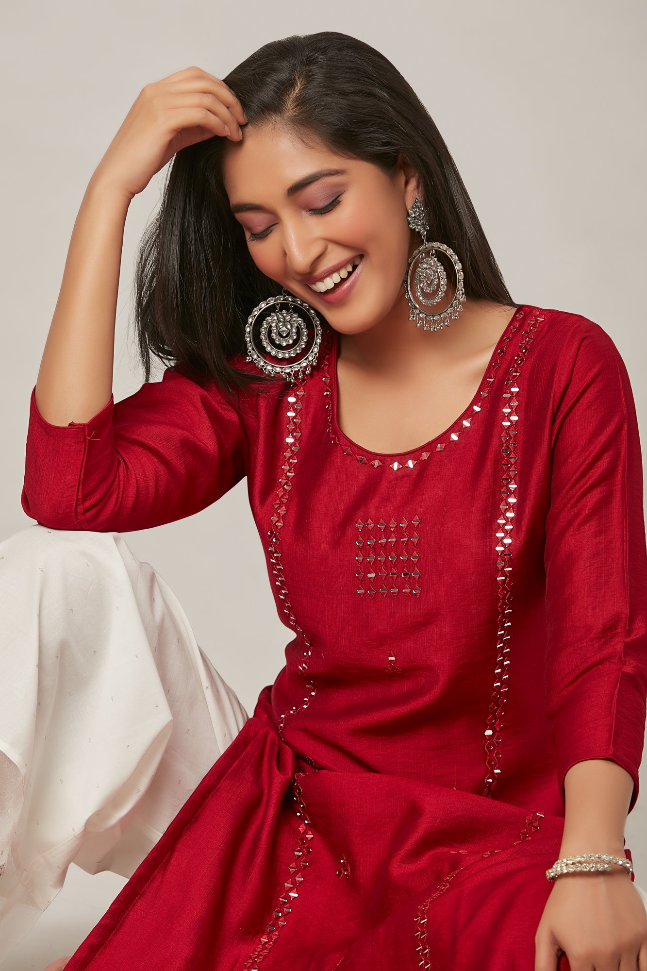 Urban Mystic Maroon Red Mirror Work Straight Kurta