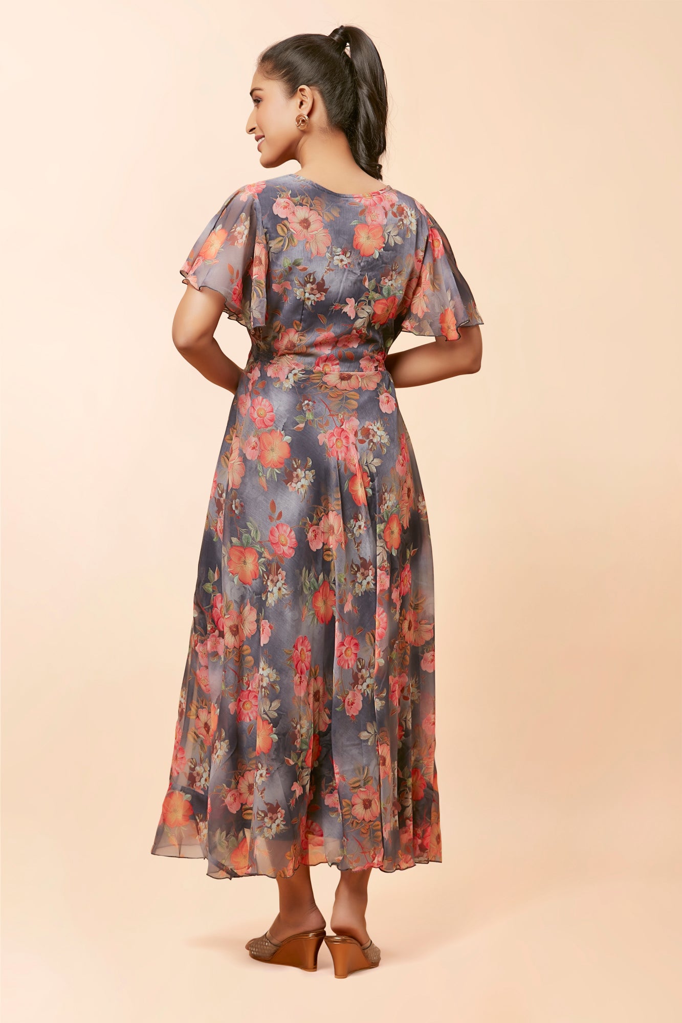 Urban Mystic Floral Print Long Dress In Chiffon