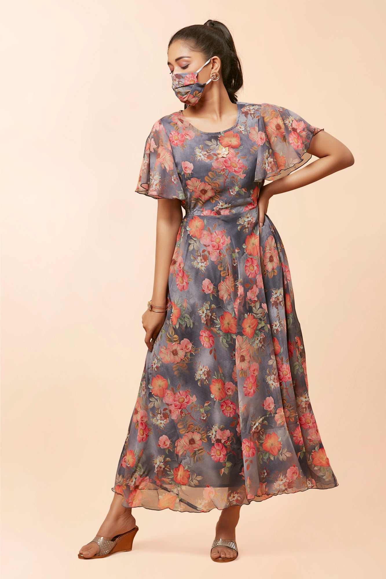 Urban Mystic Floral Print Long Dress In Chiffon