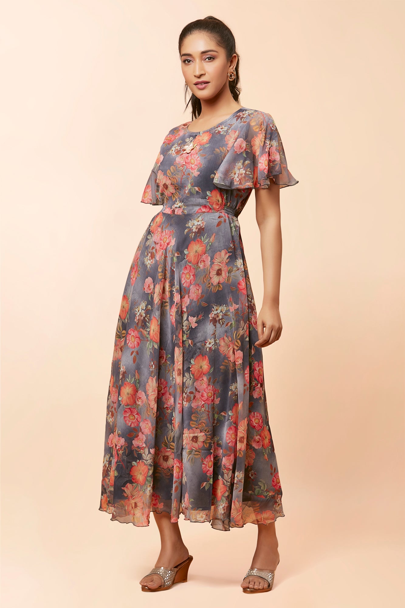 Urban Mystic Floral Print Long Dress In Chiffon