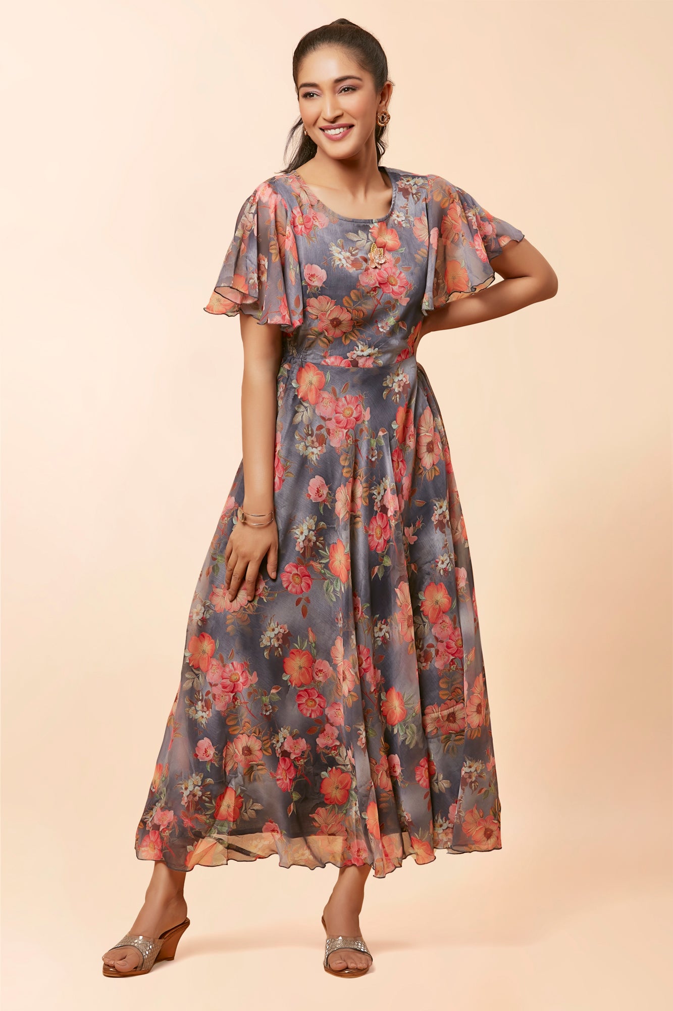 Urban Mystic Floral Print Long Dress In Chiffon