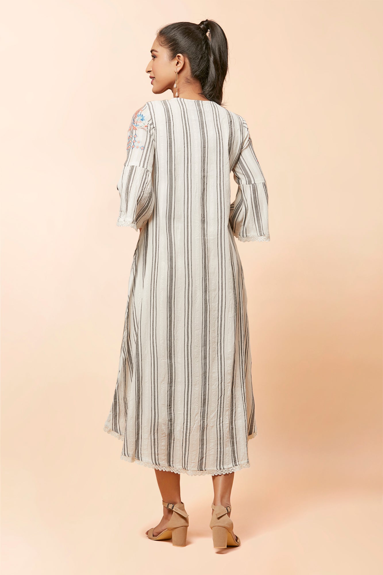 Urban Mystic High-Low Dress With Bell Sleeves & Light Embroidery