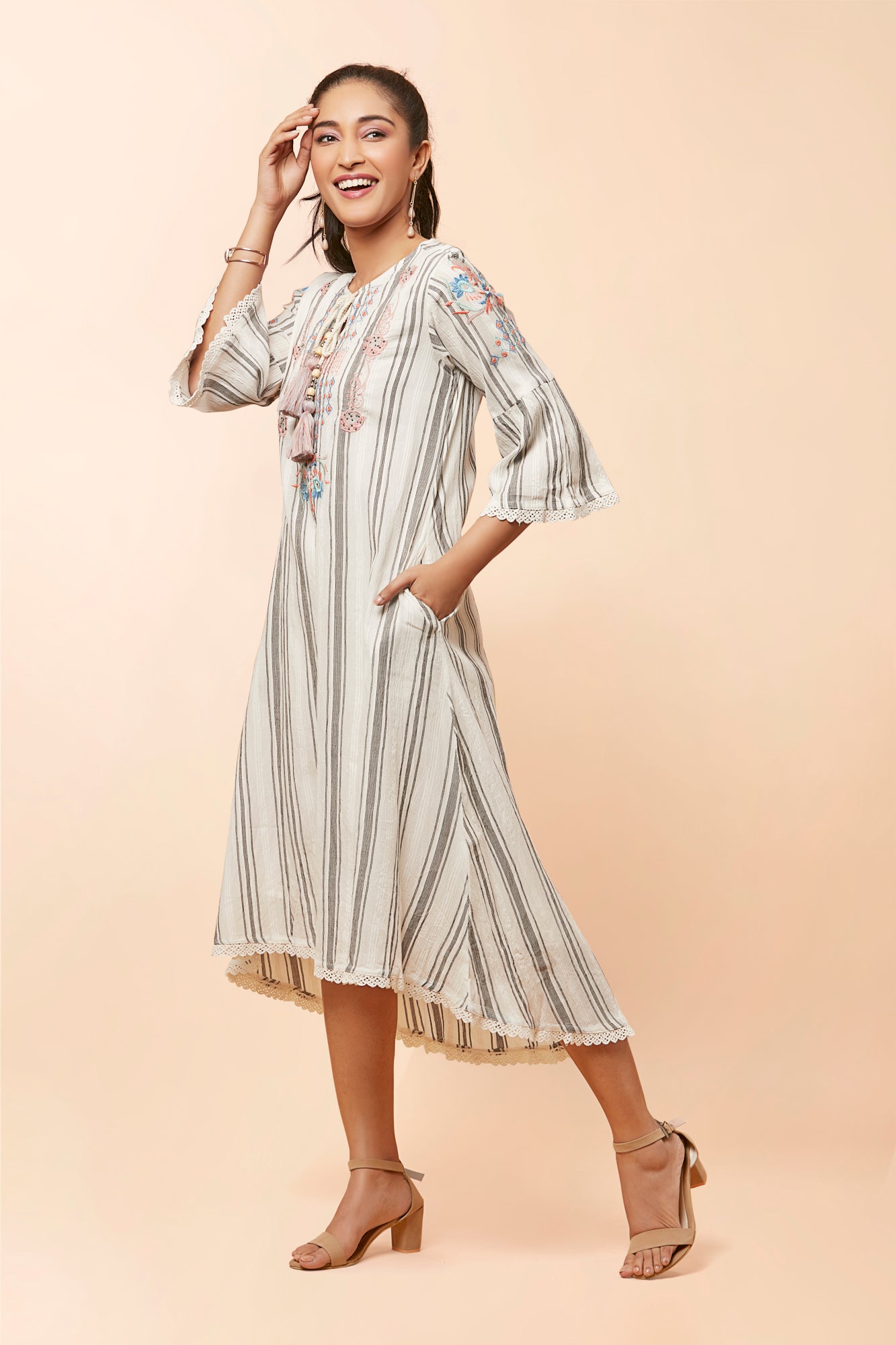 Urban Mystic High-Low Dress With Bell Sleeves & Light Embroidery