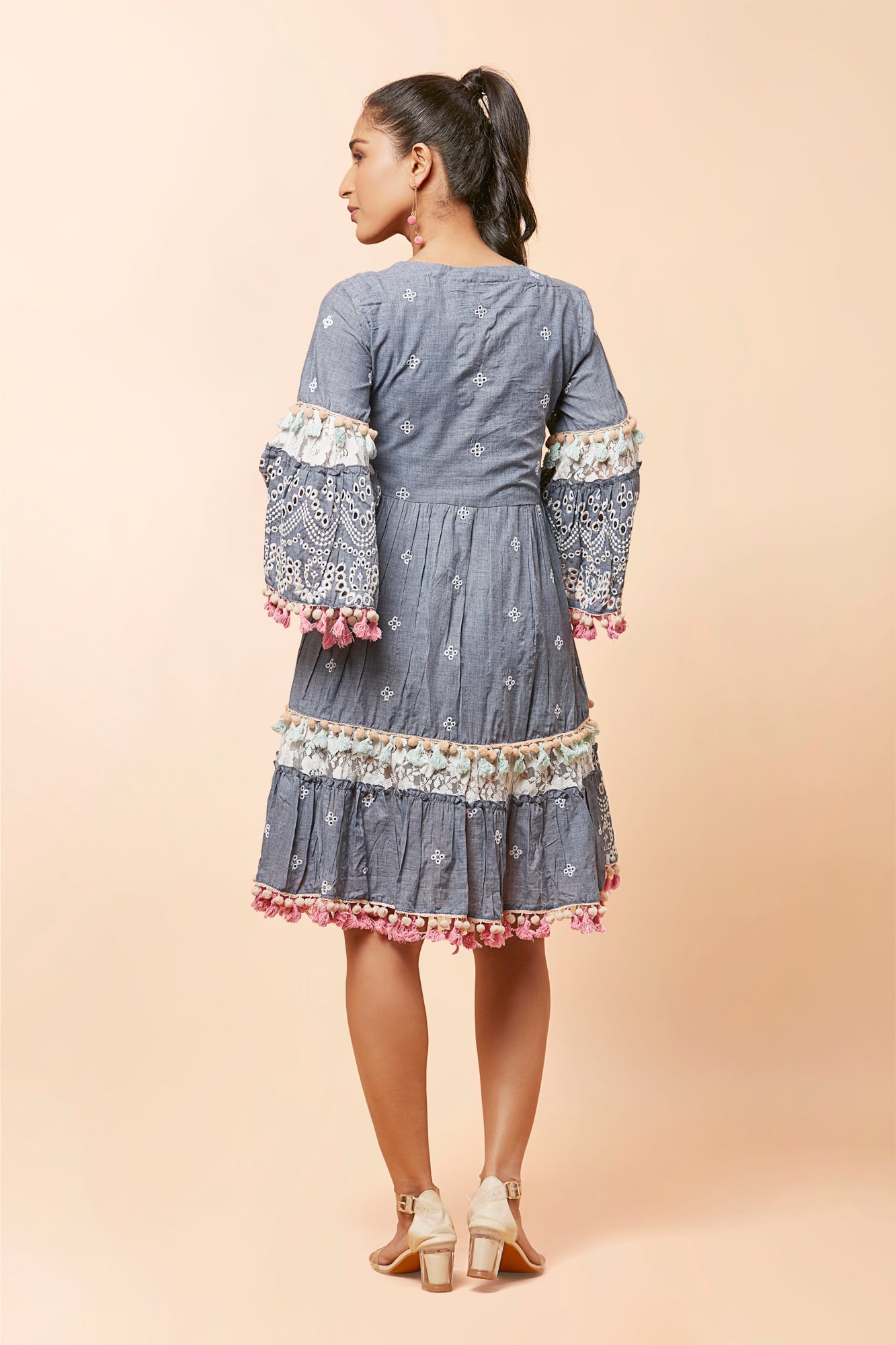 Urban Mystic Denim Look Midi Dress With Chicken Embroidery