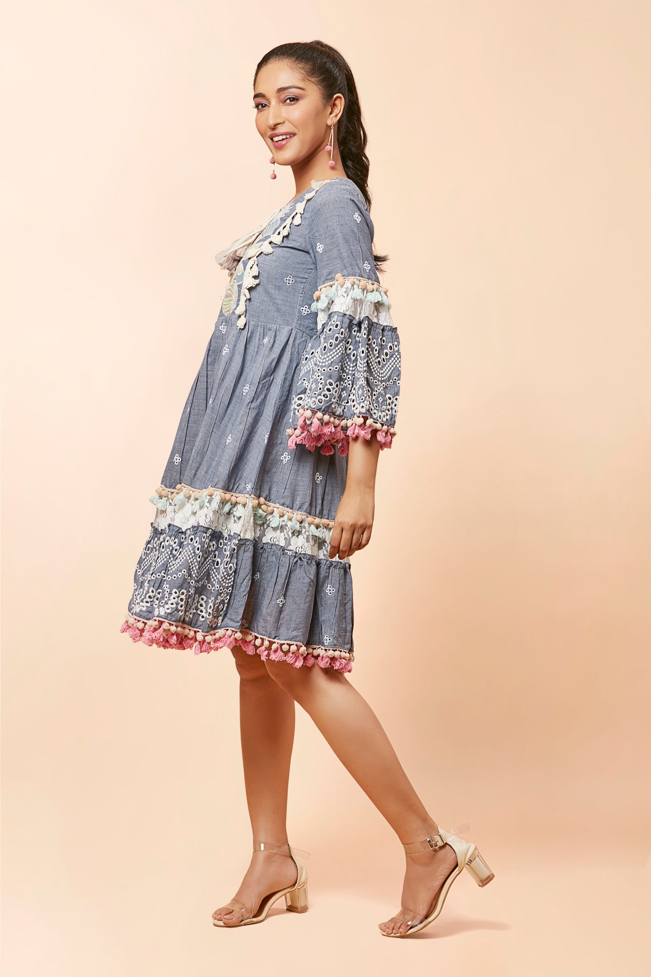 Urban Mystic Denim Look Midi Dress With Chicken Embroidery