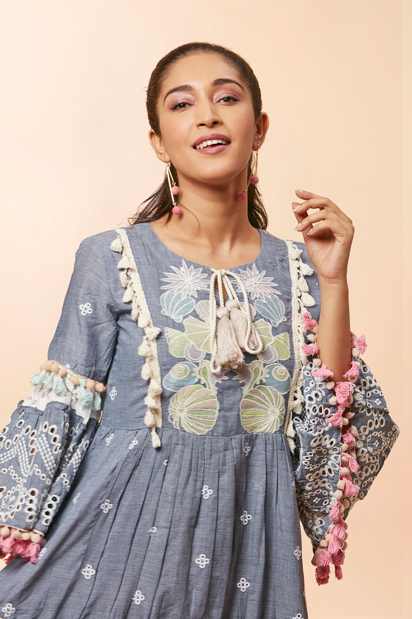 Urban Mystic Denim Look Midi Dress With Chicken Embroidery