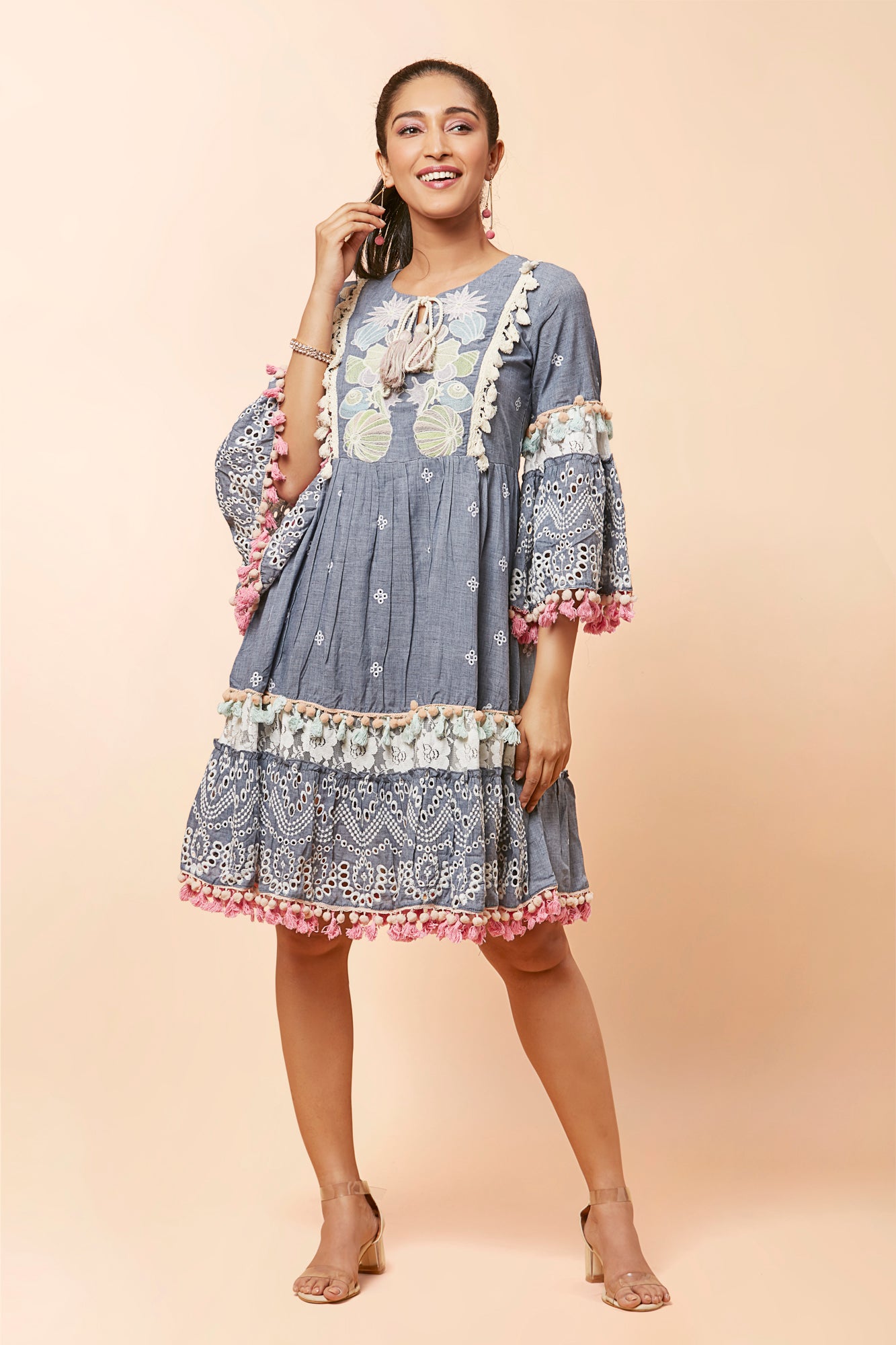 Urban Mystic Denim Look Midi Dress With Chicken Embroidery