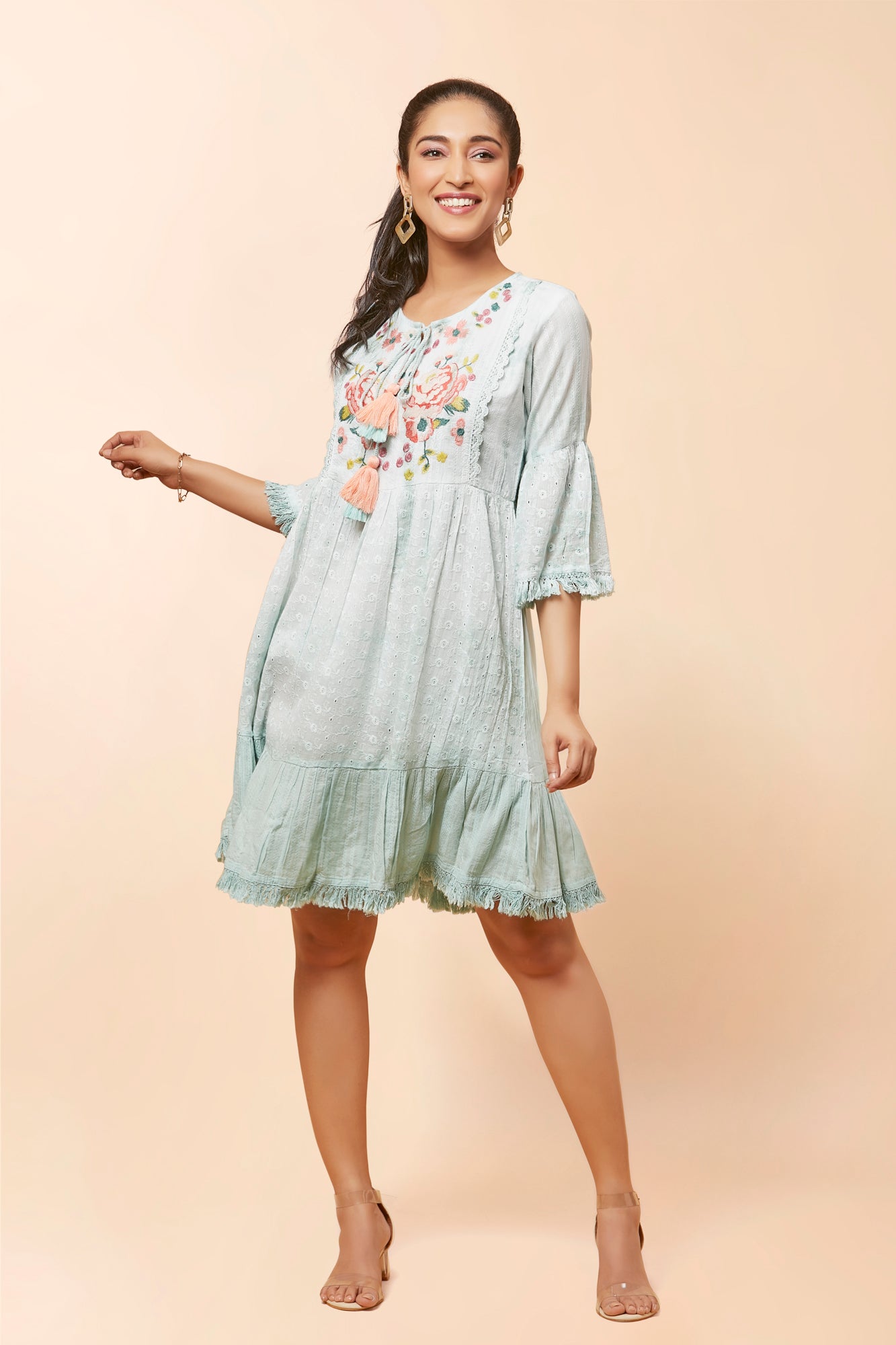 Urban Mystic Light Green Chicken Midi Dress With Floral Embroidery