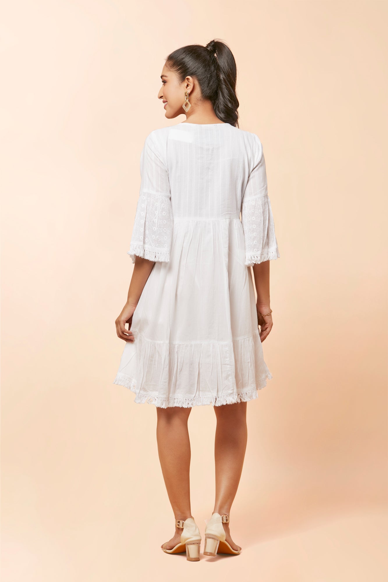 Urban Mystic White Chicken Midi Dress With Floral Embroidery