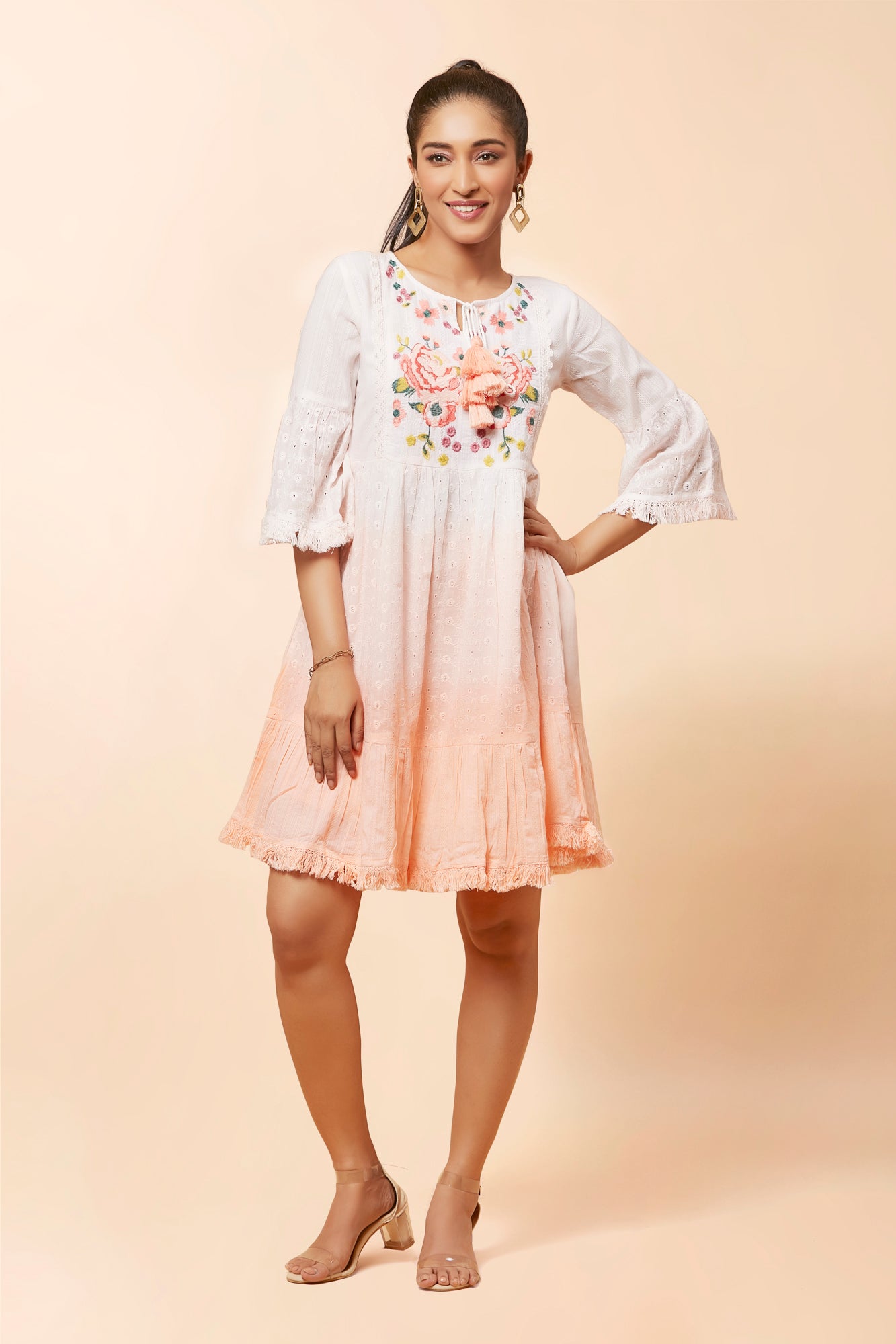 Urban Mystic Peach Chicken Midi Dress With Floral Embroidery