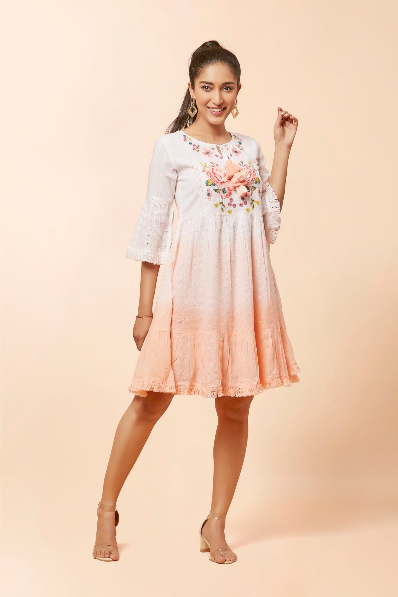 Urban Mystic Peach Chicken Midi Dress With Floral Embroidery